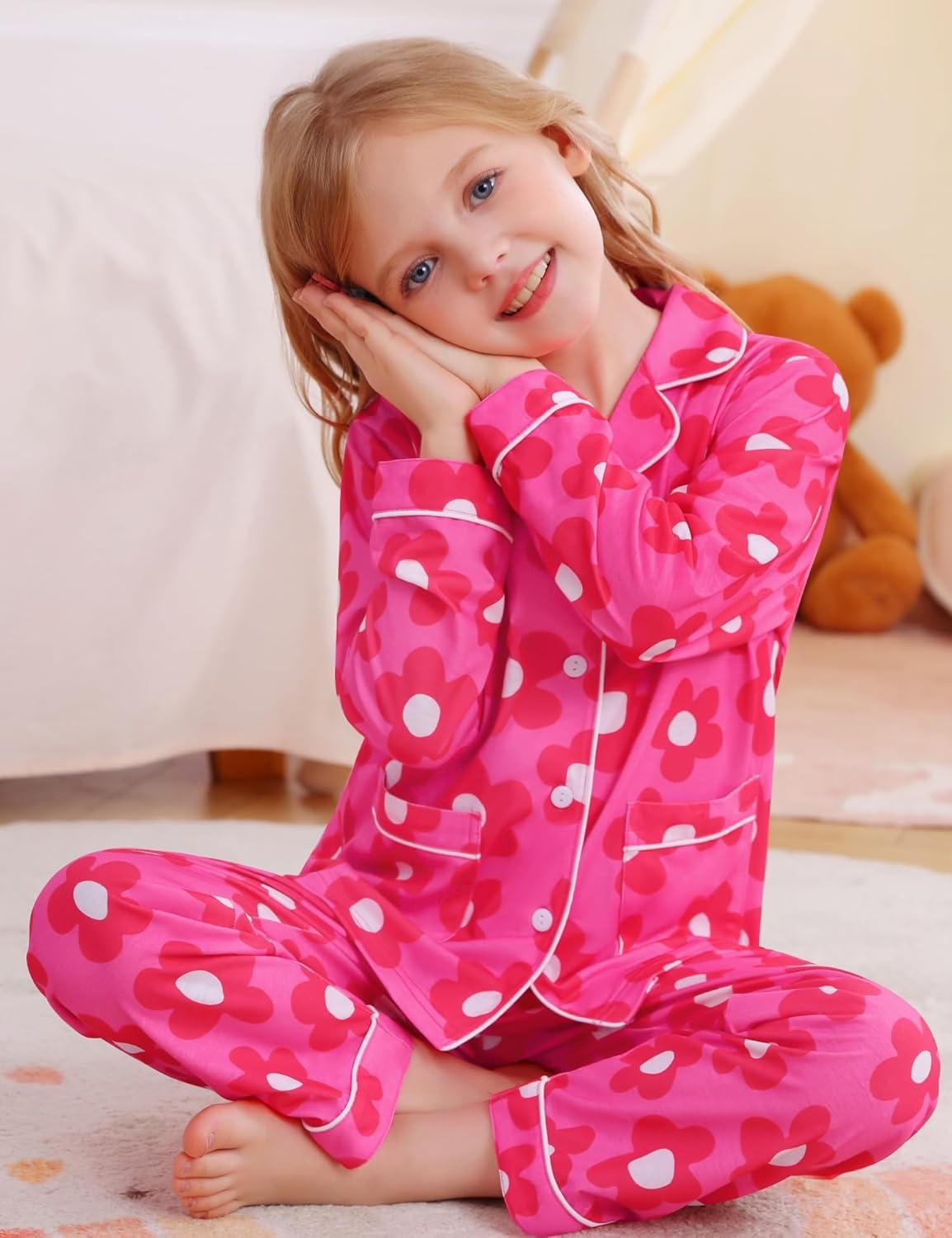 imageSWOMOG Girls Pajamas Set Kids Button Down Cute Print Pjs Sets Pant 2 Piece Soft Long Sleeve Sleepwear LoungewearRose Flower