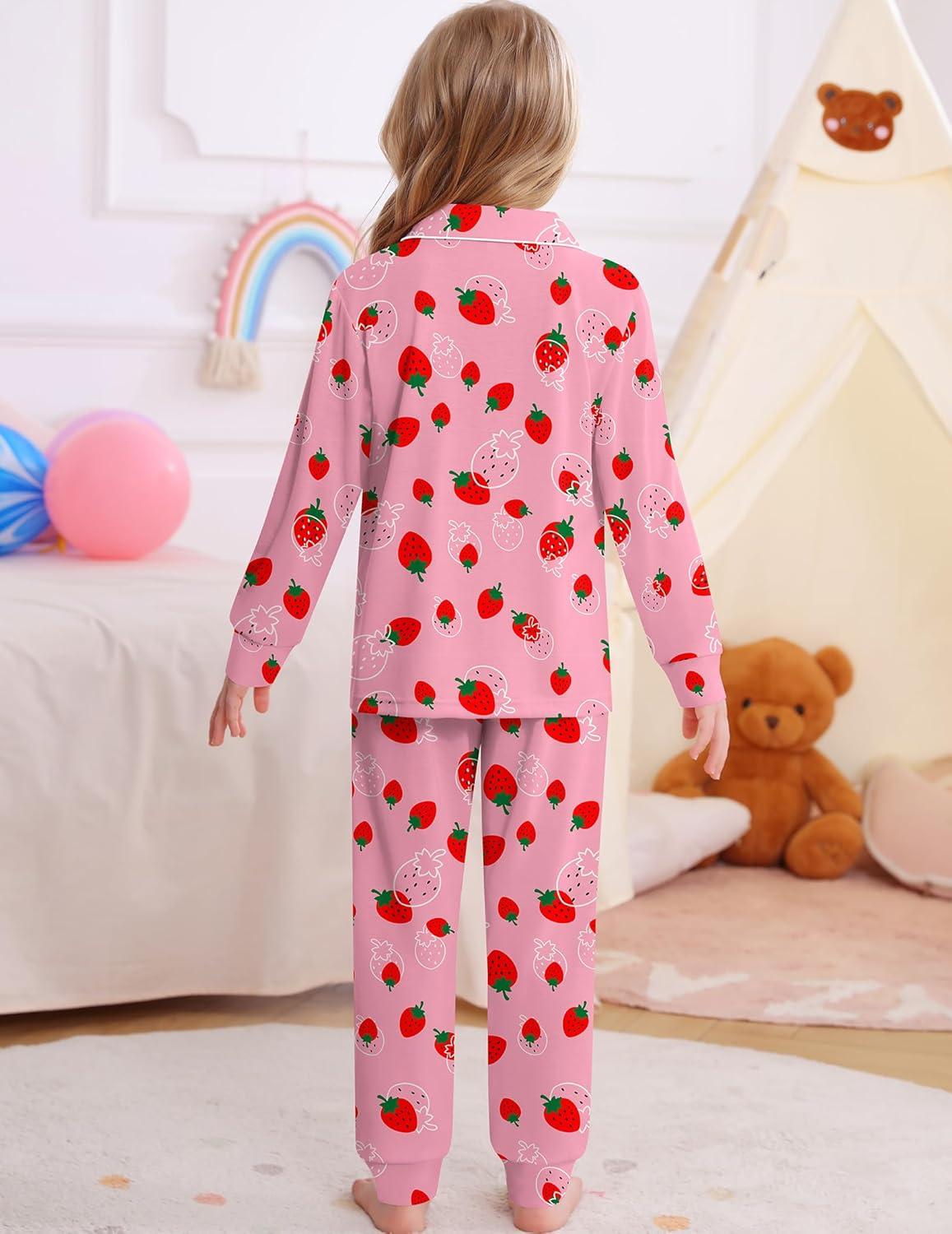 imageSWOMOG Girls Pajamas Set Kids Button Down Cute Print Pjs Sets Pant 2 Piece Soft Long Sleeve Sleepwear LoungewearTaro Strawberry