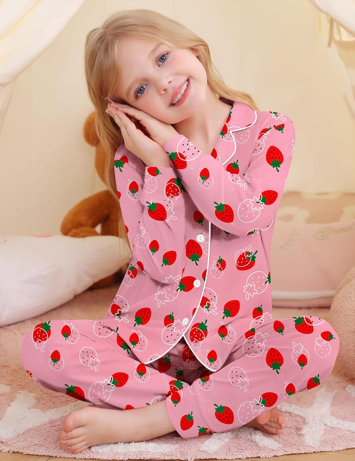 imageSWOMOG Girls Pajamas Set Kids Button Down Cute Print Pjs Sets Pant 2 Piece Soft Long Sleeve Sleepwear LoungewearTaro Strawberry