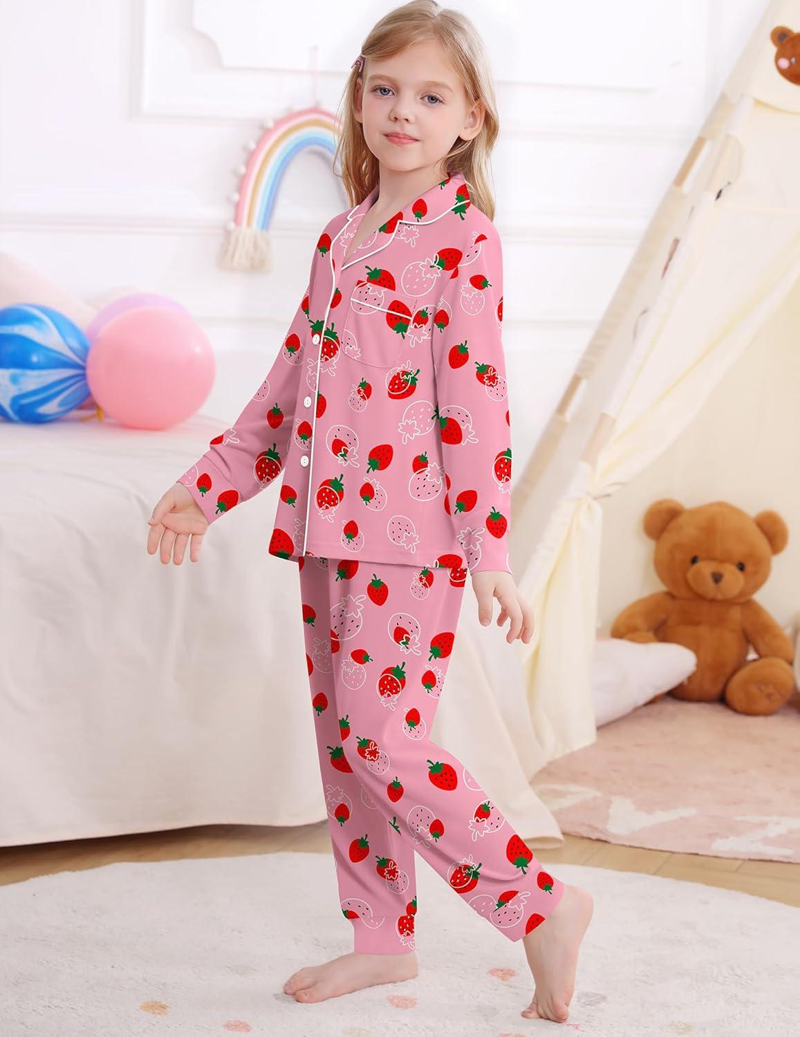 imageSWOMOG Girls Pajamas Set Kids Button Down Cute Print Pjs Sets Pant 2 Piece Soft Long Sleeve Sleepwear LoungewearTaro Strawberry