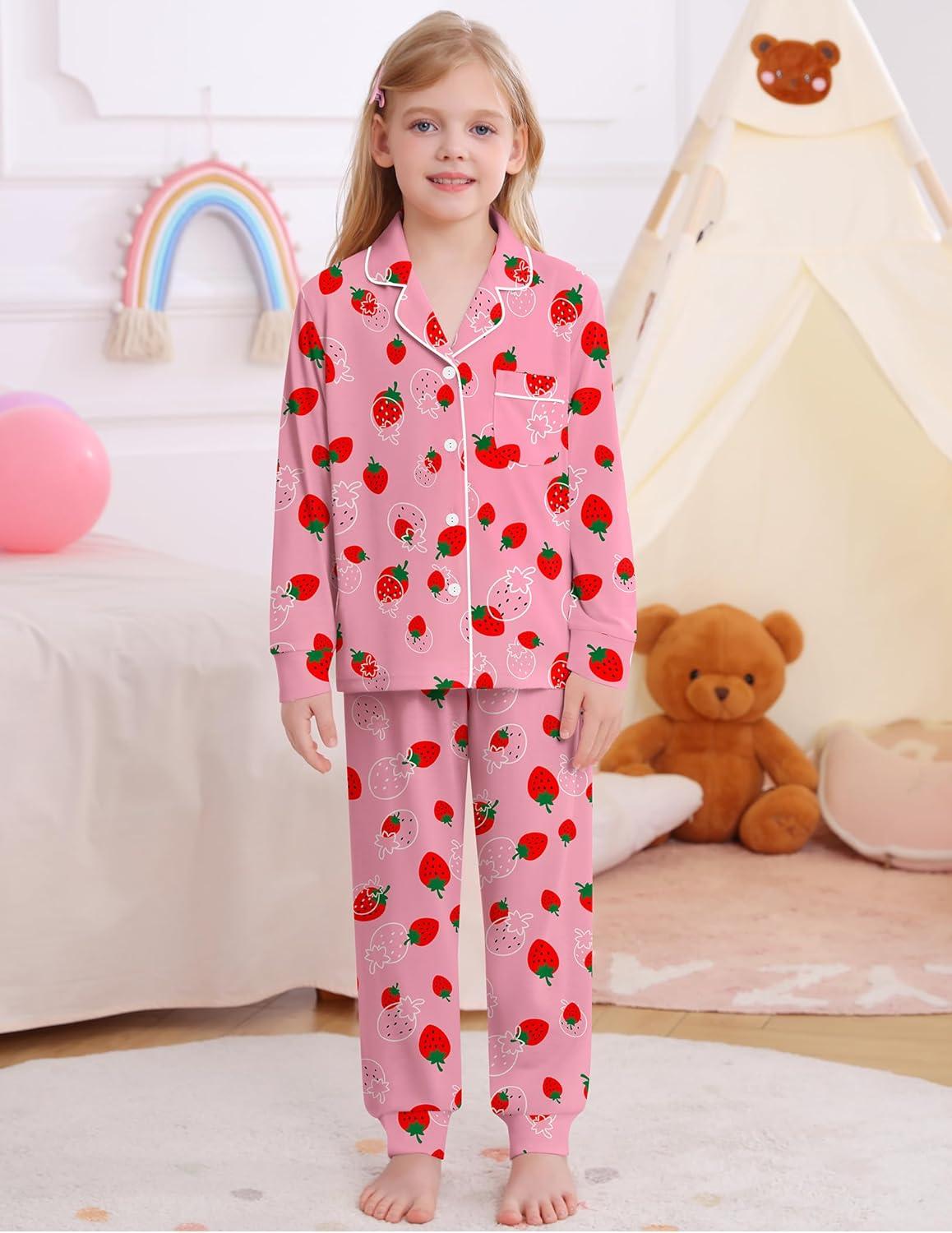 imageSWOMOG Girls Pajamas Set Kids Button Down Cute Print Pjs Sets Pant 2 Piece Soft Long Sleeve Sleepwear LoungewearTaro Strawberry