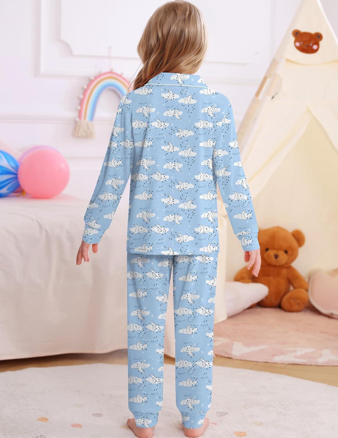 imageSWOMOG Girls Pajamas Set Kids Button Down Cute Print Pjs Sets Pant 2 Piece Soft Long Sleeve Sleepwear LoungewearWhite Moon