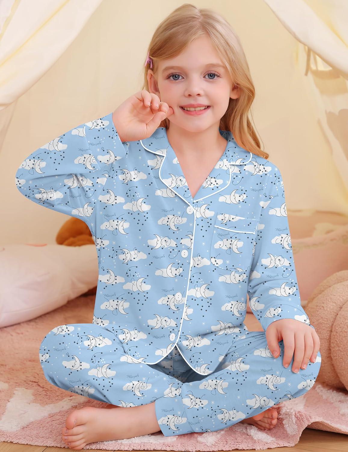 imageSWOMOG Girls Pajamas Set Kids Button Down Cute Print Pjs Sets Pant 2 Piece Soft Long Sleeve Sleepwear LoungewearWhite Moon