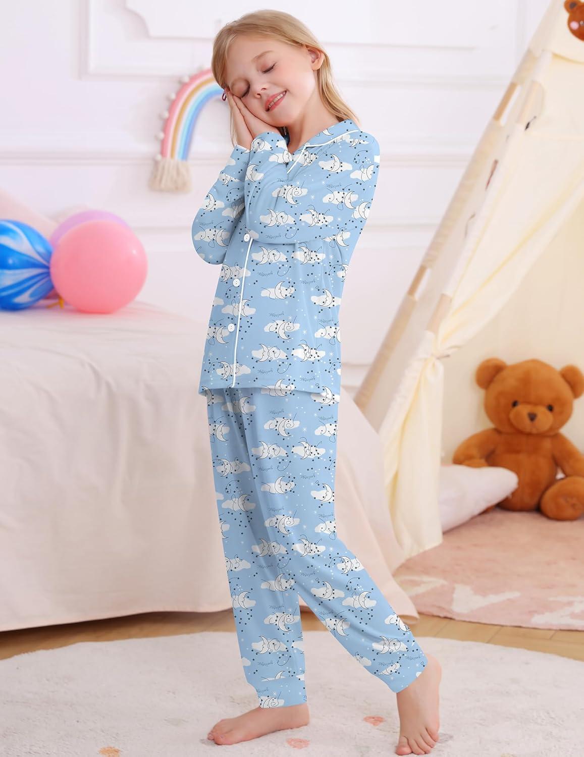 imageSWOMOG Girls Pajamas Set Kids Button Down Cute Print Pjs Sets Pant 2 Piece Soft Long Sleeve Sleepwear LoungewearWhite Moon