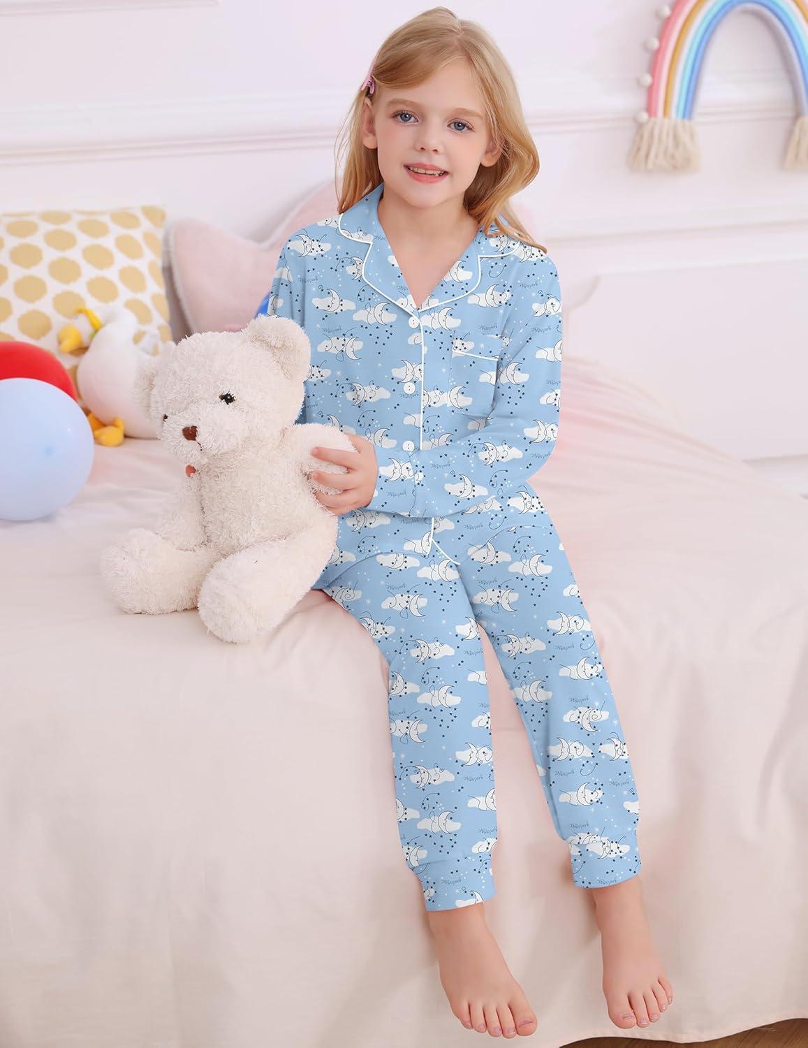 imageSWOMOG Girls Pajamas Set Kids Button Down Cute Print Pjs Sets Pant 2 Piece Soft Long Sleeve Sleepwear LoungewearWhite Moon
