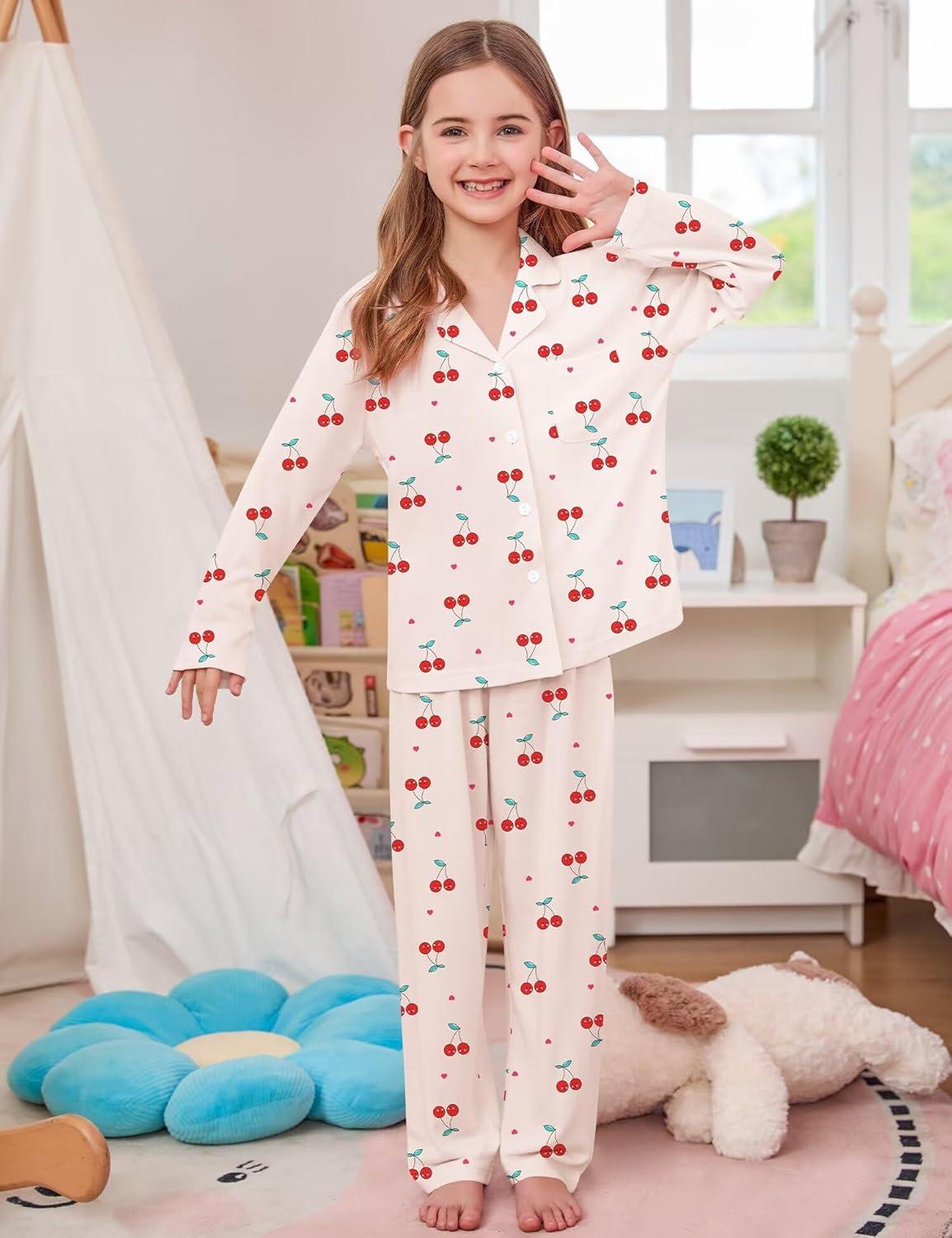 imageSWOMOG Girls Pajamas Set Kids Button Down Cute Print Pjs Sets Pant 2 Piece Soft Long Sleeve Sleepwear LoungewearYellow Cherry