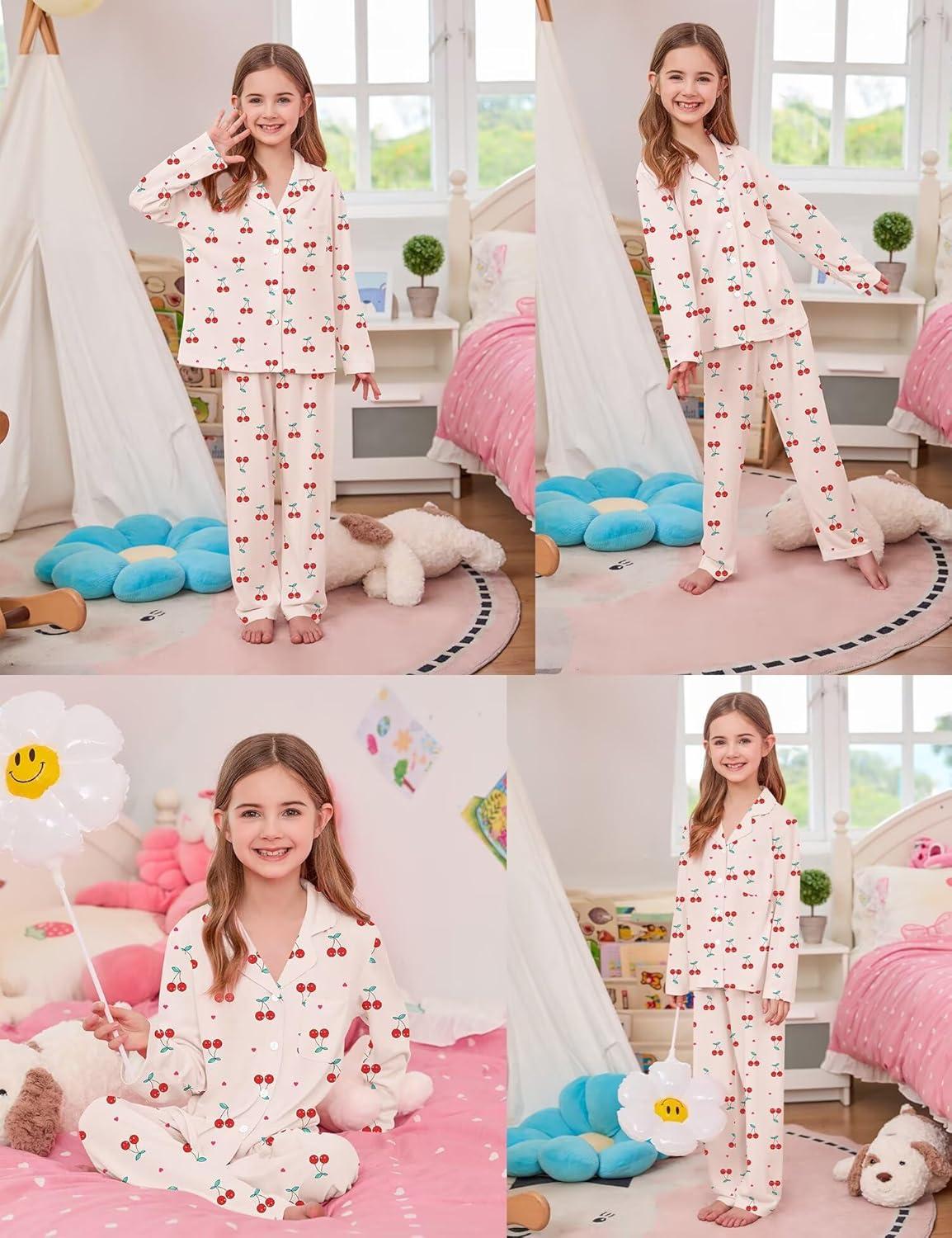 imageSWOMOG Girls Pajamas Set Kids Button Down Cute Print Pjs Sets Pant 2 Piece Soft Long Sleeve Sleepwear LoungewearYellow Cherry