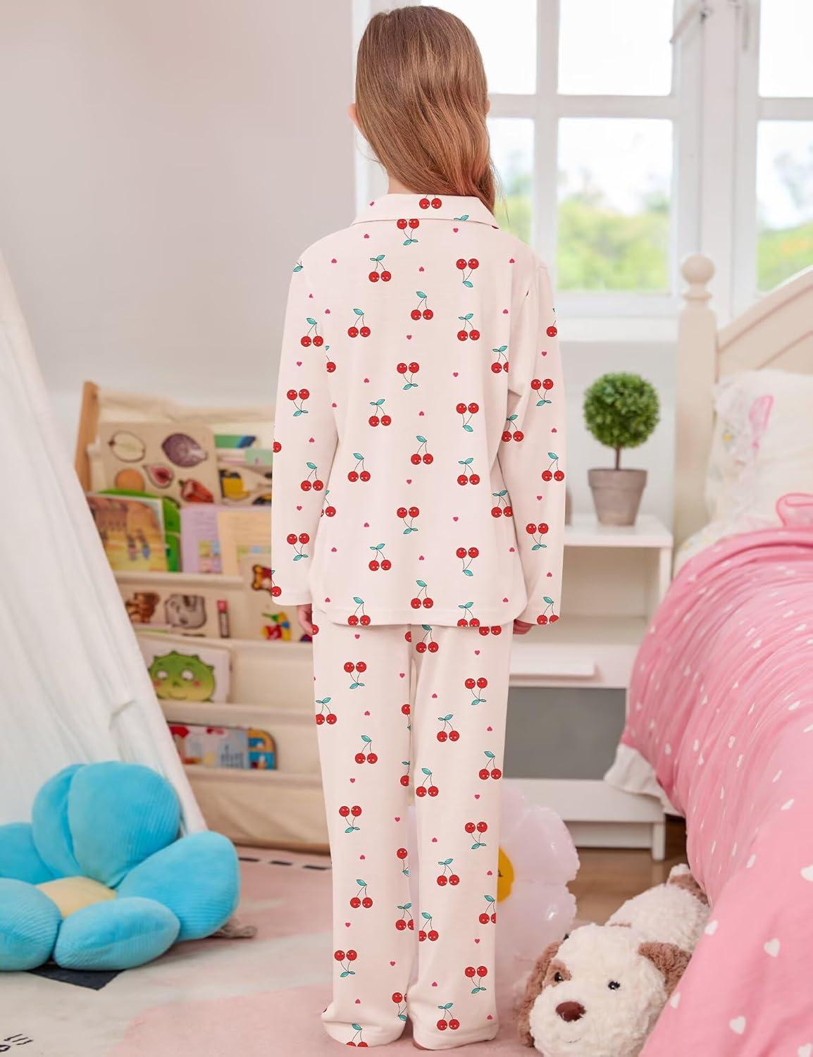 imageSWOMOG Girls Pajamas Set Kids Button Down Cute Print Pjs Sets Pant 2 Piece Soft Long Sleeve Sleepwear LoungewearYellow Cherry