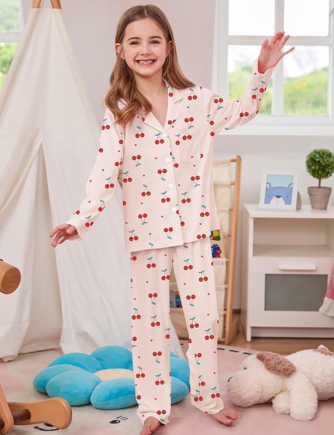imageSWOMOG Girls Pajamas Set Kids Button Down Cute Print Pjs Sets Pant 2 Piece Soft Long Sleeve Sleepwear LoungewearYellow Cherry
