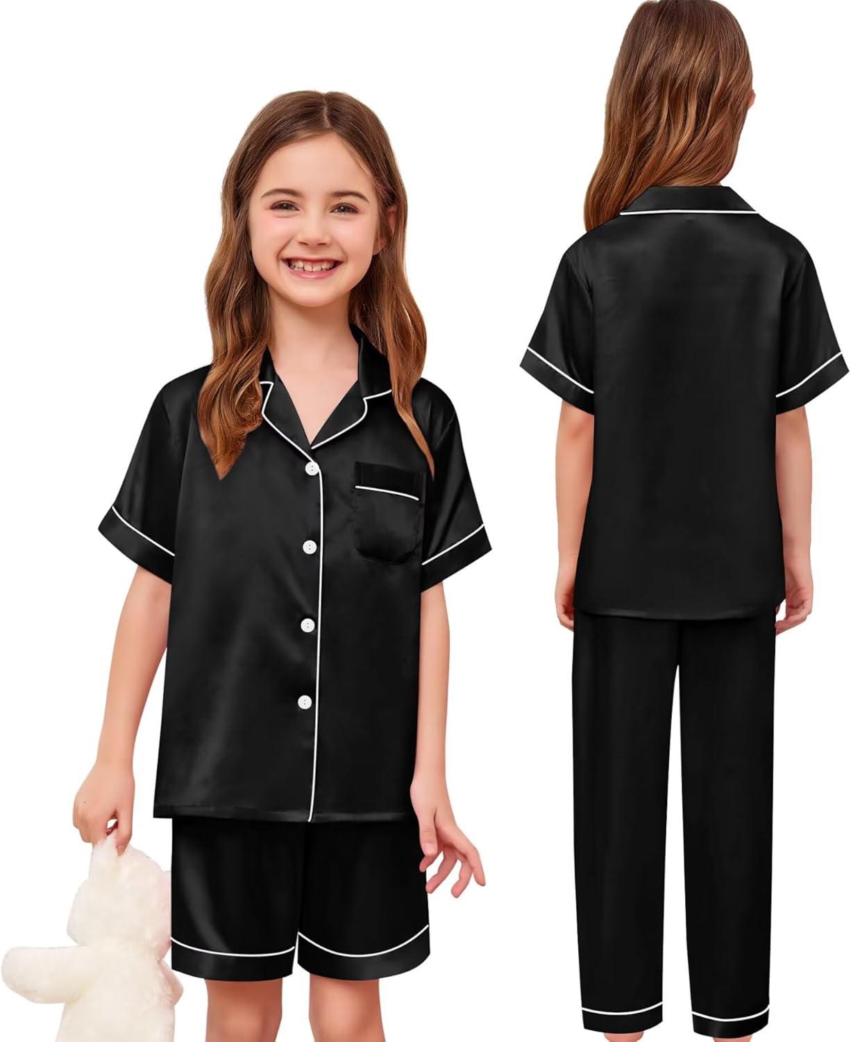 imageSWOMOG Kids Silk Pajamas 3 Piece Girls Boys Satin Pajamas Set ButtonDown PJs Set Soft Loungewear Short Sleeve SleepwearBlack