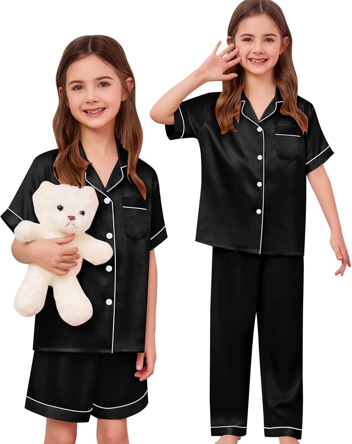 imageSWOMOG Kids Silk Pajamas 3 Piece Girls Boys Satin Pajamas Set ButtonDown PJs Set Soft Loungewear Short Sleeve SleepwearBlack