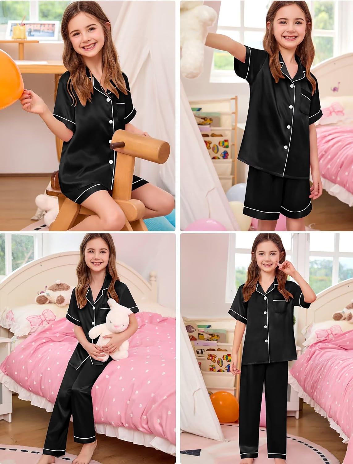 imageSWOMOG Kids Silk Pajamas 3 Piece Girls Boys Satin Pajamas Set ButtonDown PJs Set Soft Loungewear Short Sleeve SleepwearBlack