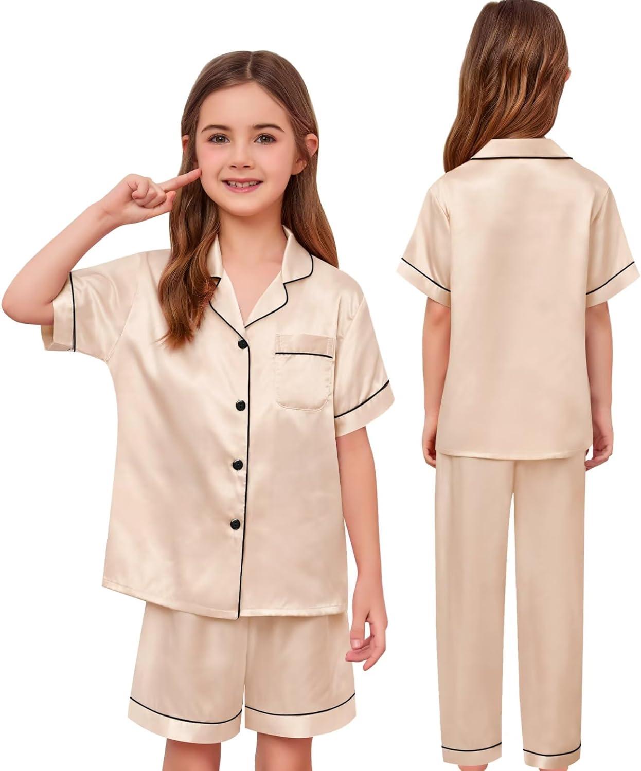 imageSWOMOG Kids Silk Pajamas 3 Piece Girls Boys Satin Pajamas Set ButtonDown PJs Set Soft Loungewear Short Sleeve SleepwearChampagne