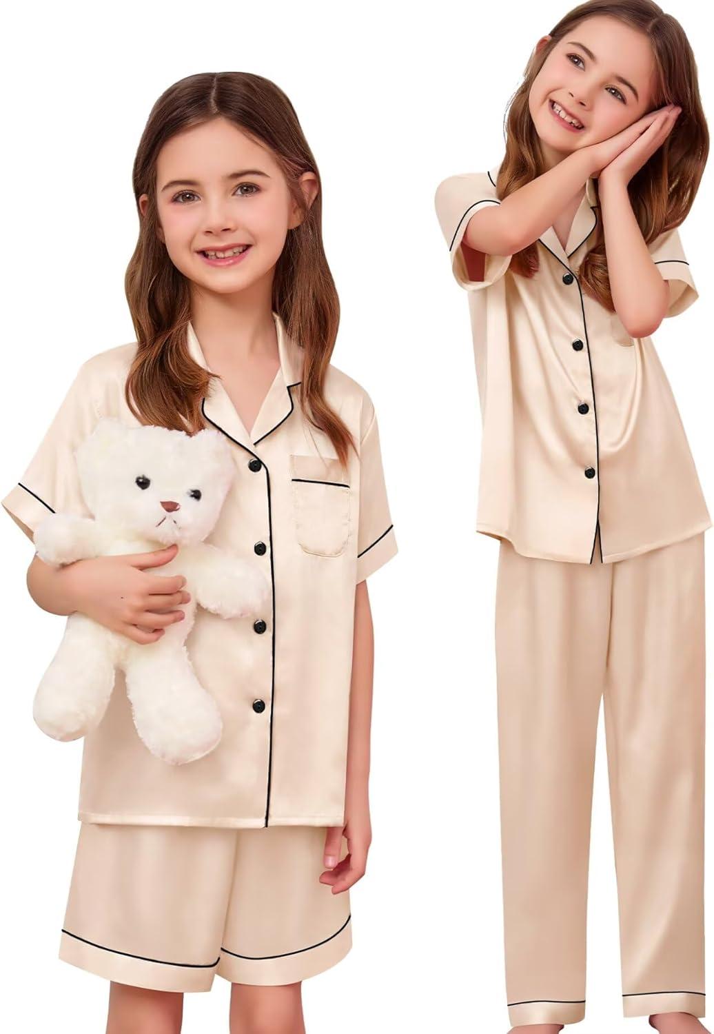 imageSWOMOG Kids Silk Pajamas 3 Piece Girls Boys Satin Pajamas Set ButtonDown PJs Set Soft Loungewear Short Sleeve SleepwearChampagne