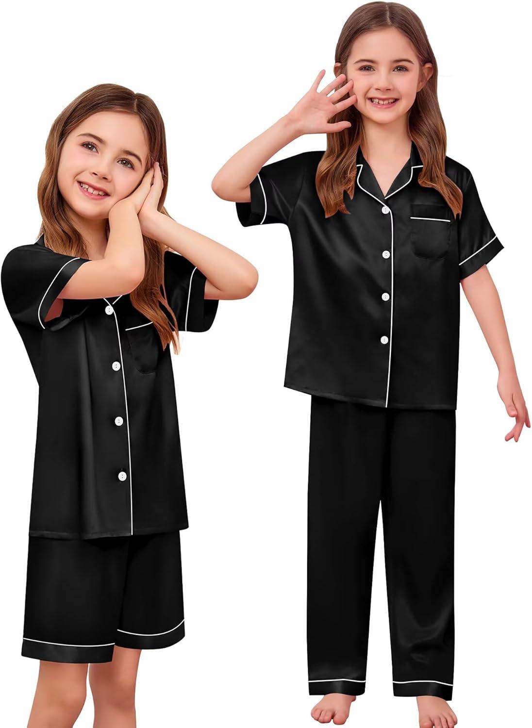 imageSWOMOG Kids Silk Pajamas 3 Piece Girls Boys Satin Pajamas Set ButtonDown PJs Set Soft Loungewear Short Sleeve SleepwearDeep Black