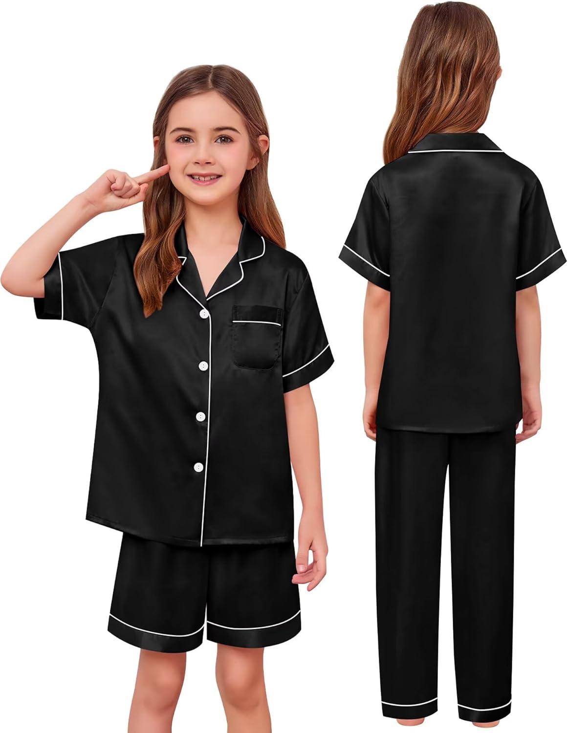 imageSWOMOG Kids Silk Pajamas 3 Piece Girls Boys Satin Pajamas Set ButtonDown PJs Set Soft Loungewear Short Sleeve SleepwearDeep Black