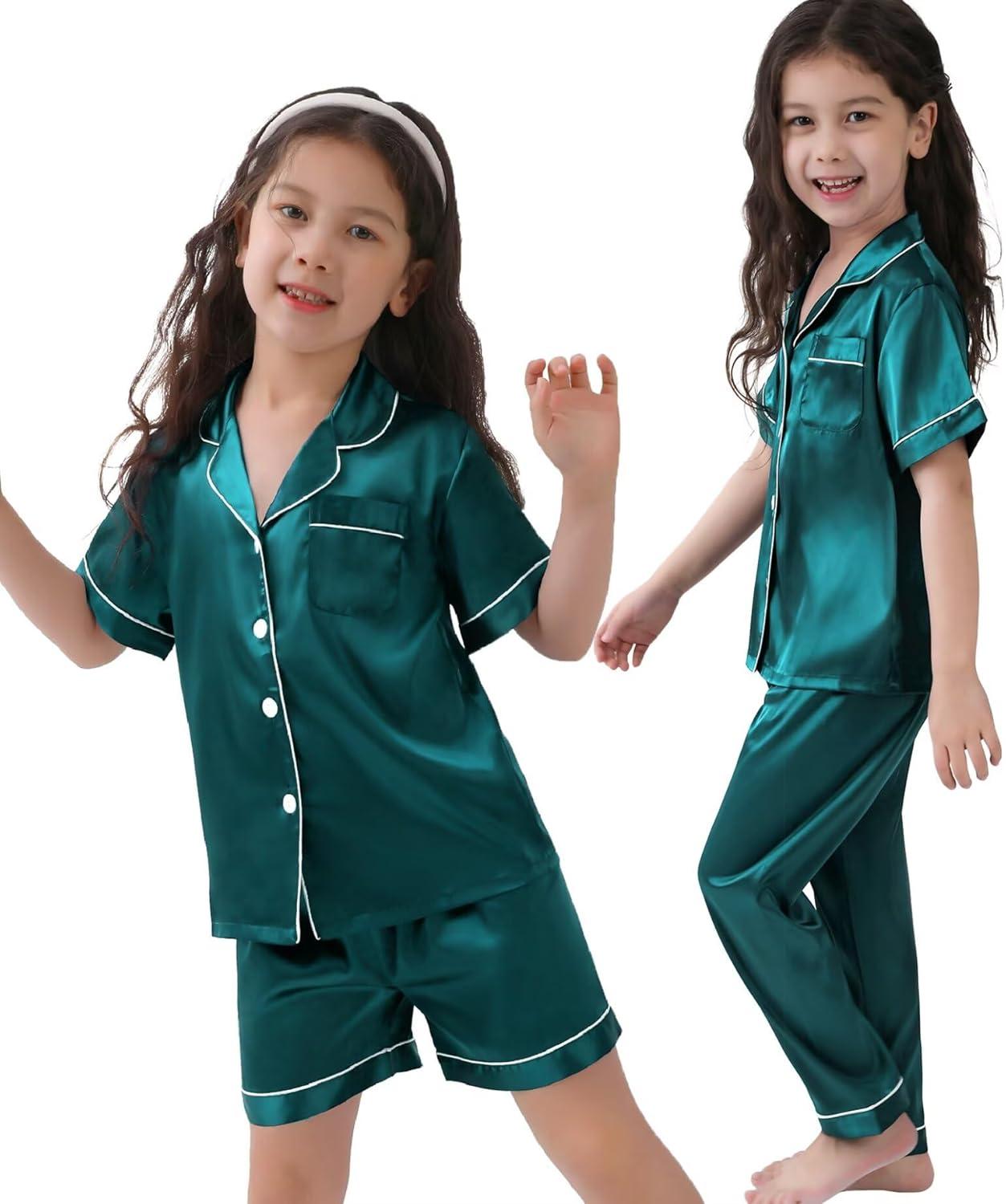 imageSWOMOG Kids Silk Pajamas 3 Piece Girls Boys Satin Pajamas Set ButtonDown PJs Set Soft Loungewear Short Sleeve SleepwearDeep Green