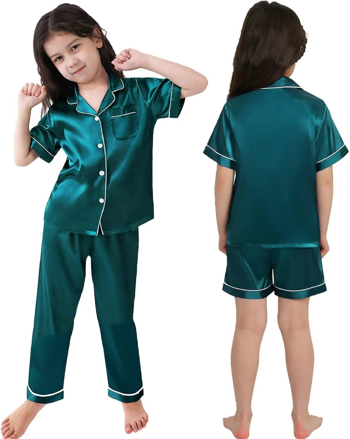imageSWOMOG Kids Silk Pajamas 3 Piece Girls Boys Satin Pajamas Set ButtonDown PJs Set Soft Loungewear Short Sleeve SleepwearDeep Green