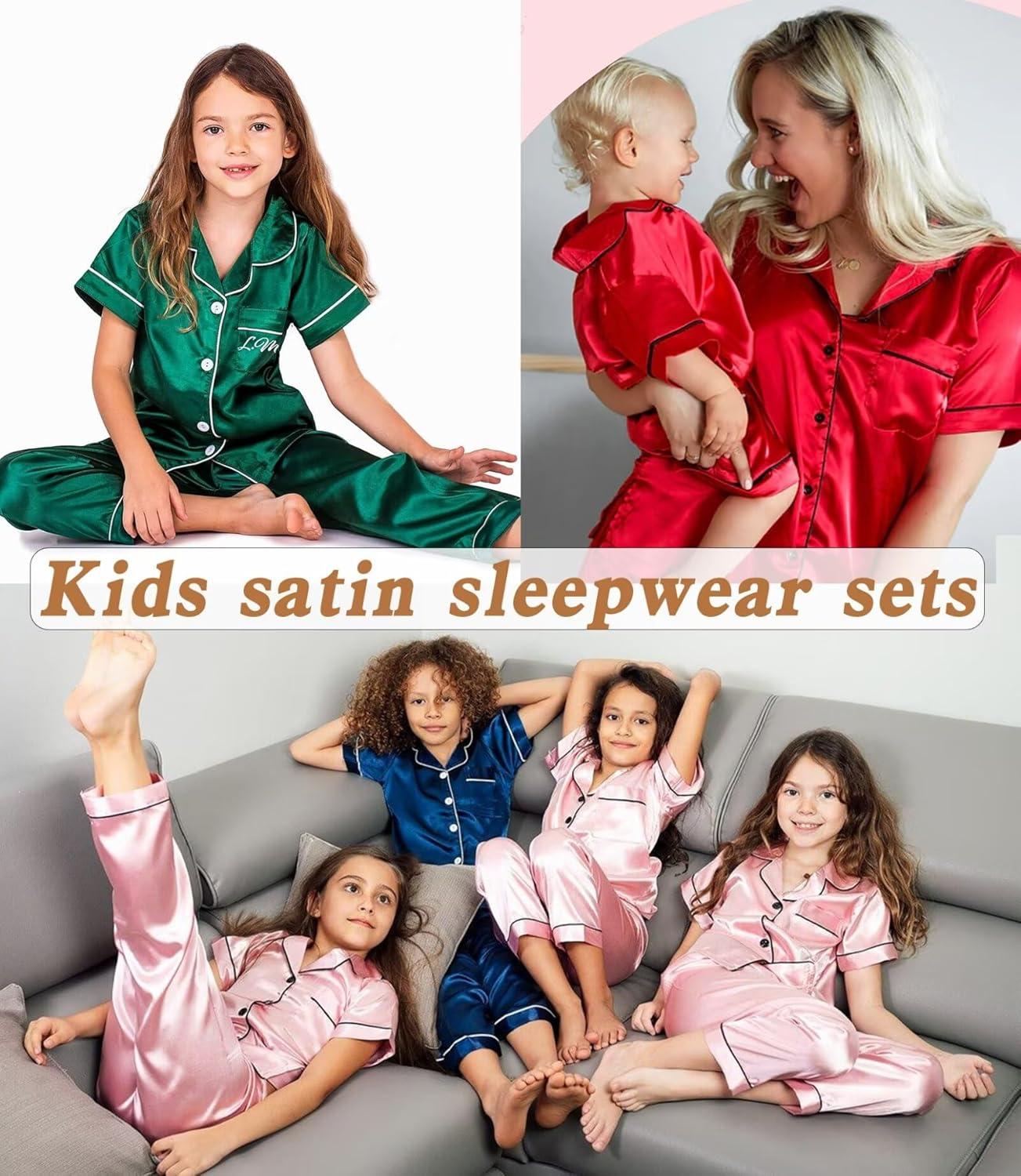 imageSWOMOG Kids Silk Pajamas 3 Piece Girls Boys Satin Pajamas Set ButtonDown PJs Set Soft Loungewear Short Sleeve SleepwearDeep Green