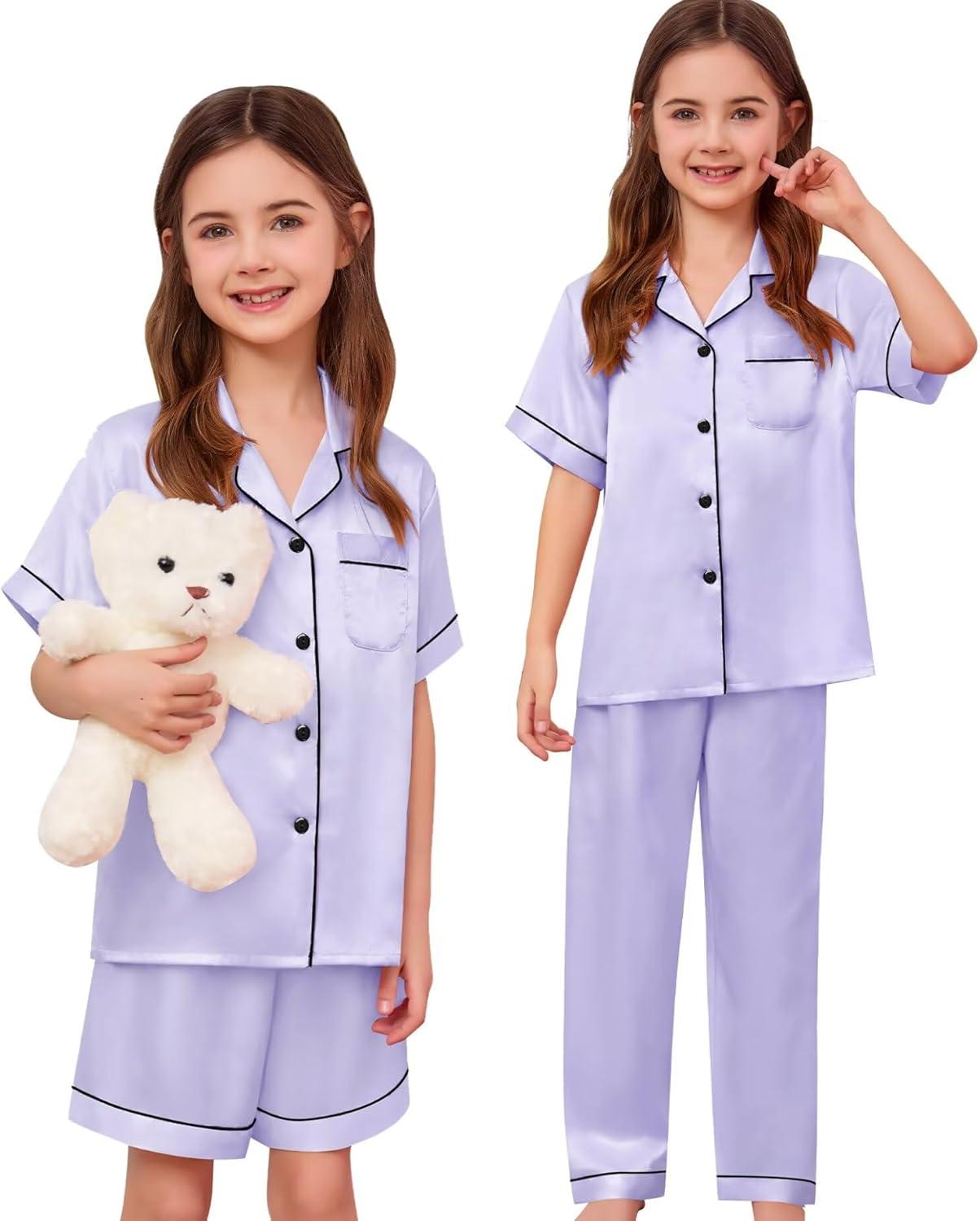 imageSWOMOG Kids Silk Pajamas 3 Piece Girls Boys Satin Pajamas Set ButtonDown PJs Set Soft Loungewear Short Sleeve SleepwearLavender