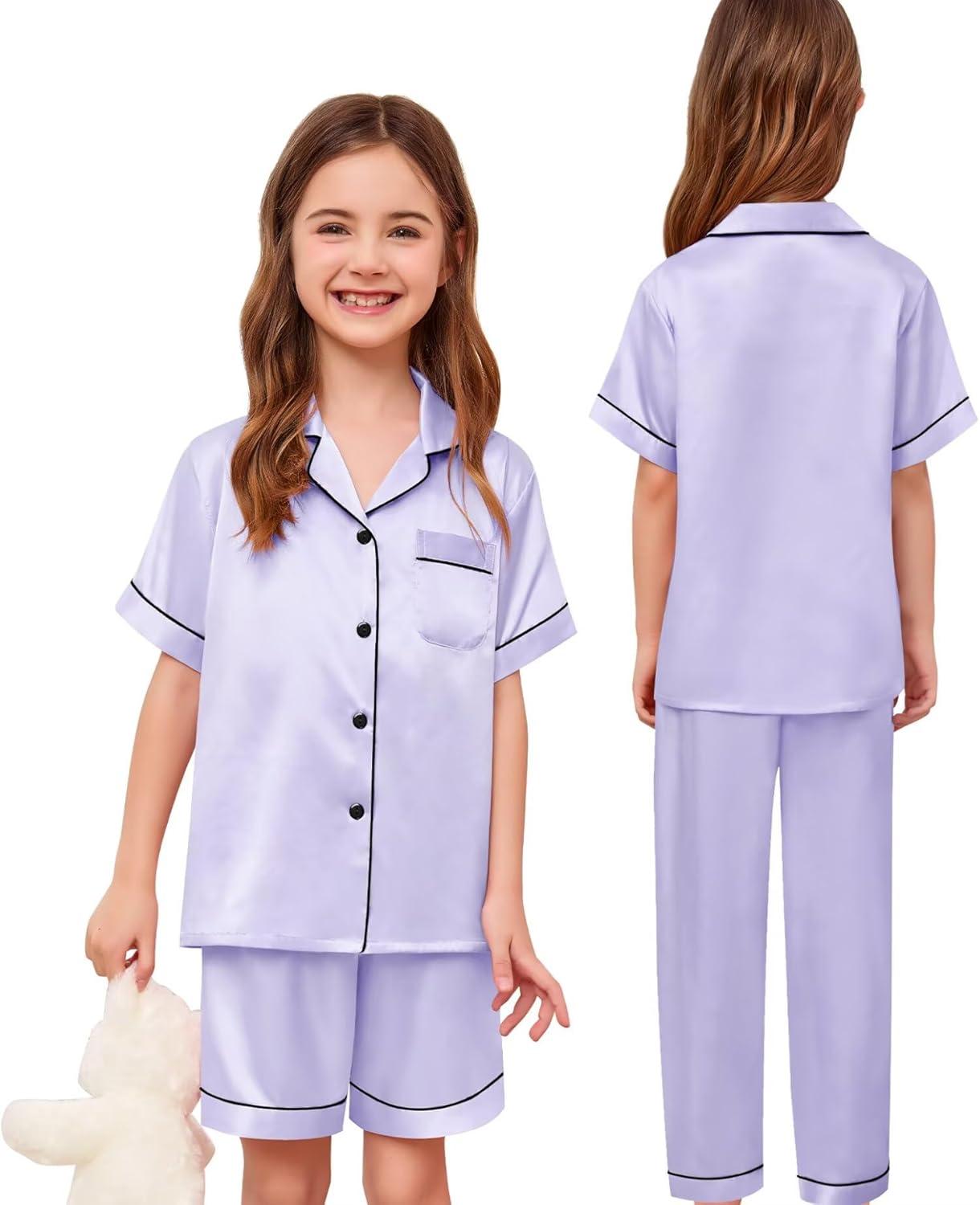 imageSWOMOG Kids Silk Pajamas 3 Piece Girls Boys Satin Pajamas Set ButtonDown PJs Set Soft Loungewear Short Sleeve SleepwearLavender