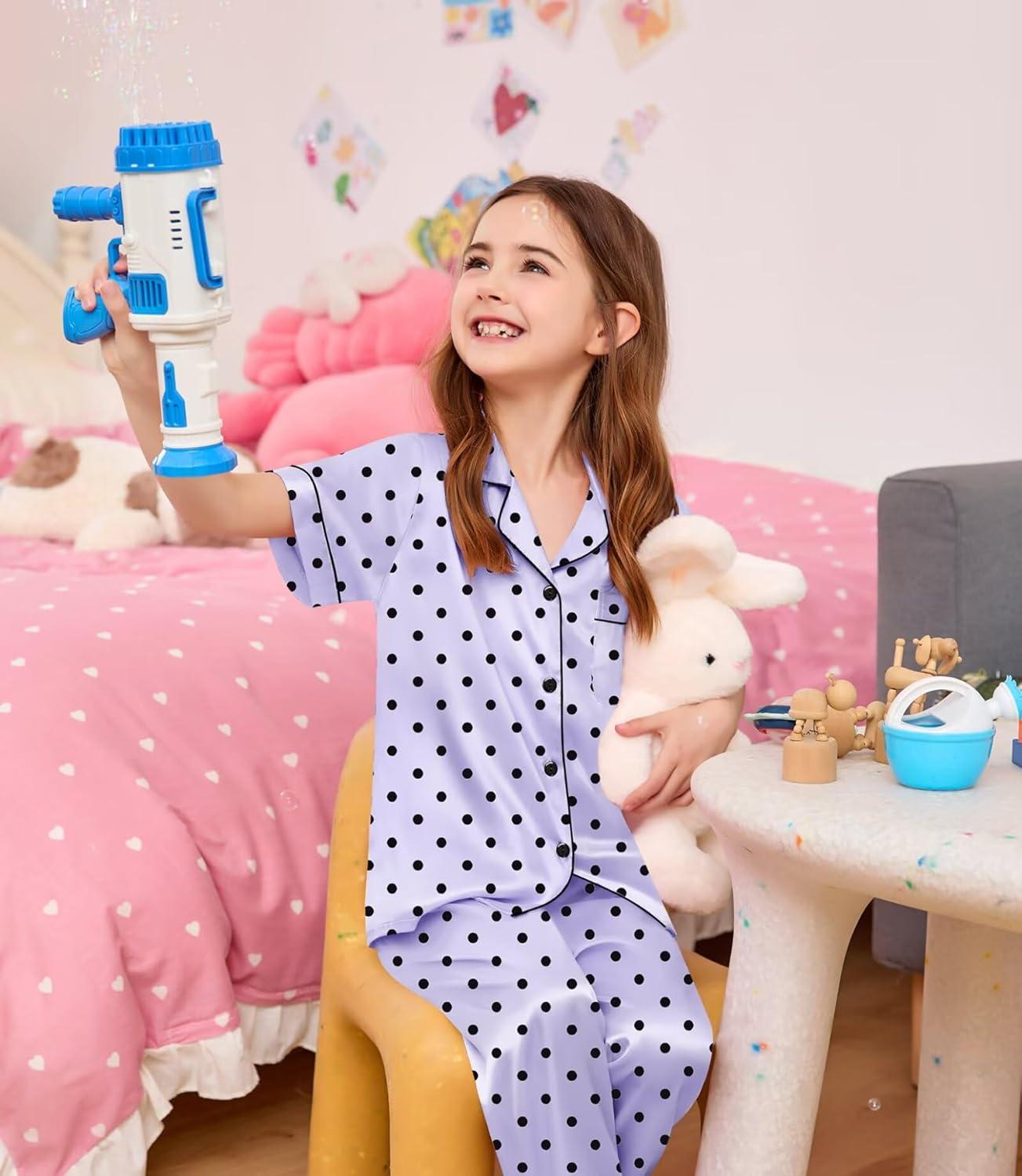 imageSWOMOG Kids Silk Pajamas 3 Piece Girls Boys Satin Pajamas Set ButtonDown PJs Set Soft Loungewear Short Sleeve SleepwearLavender Dots