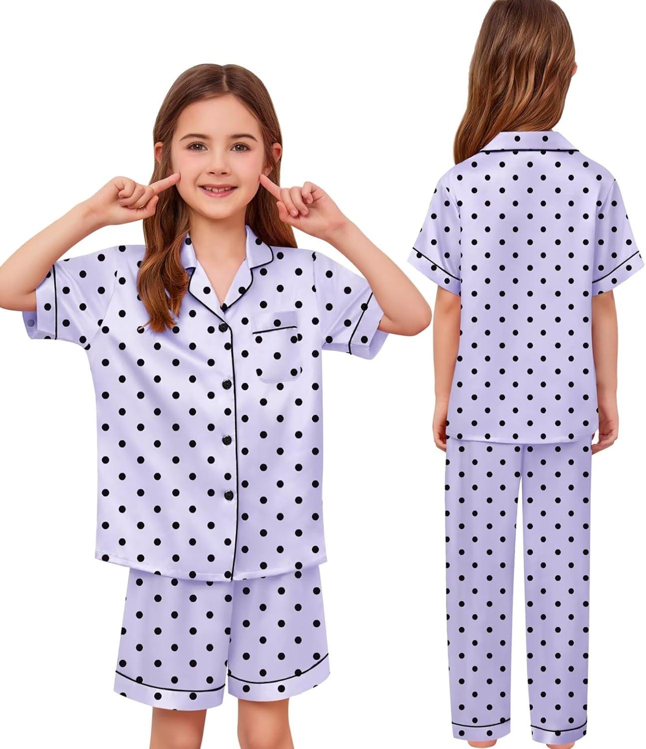 imageSWOMOG Kids Silk Pajamas 3 Piece Girls Boys Satin Pajamas Set ButtonDown PJs Set Soft Loungewear Short Sleeve SleepwearLavender Dots