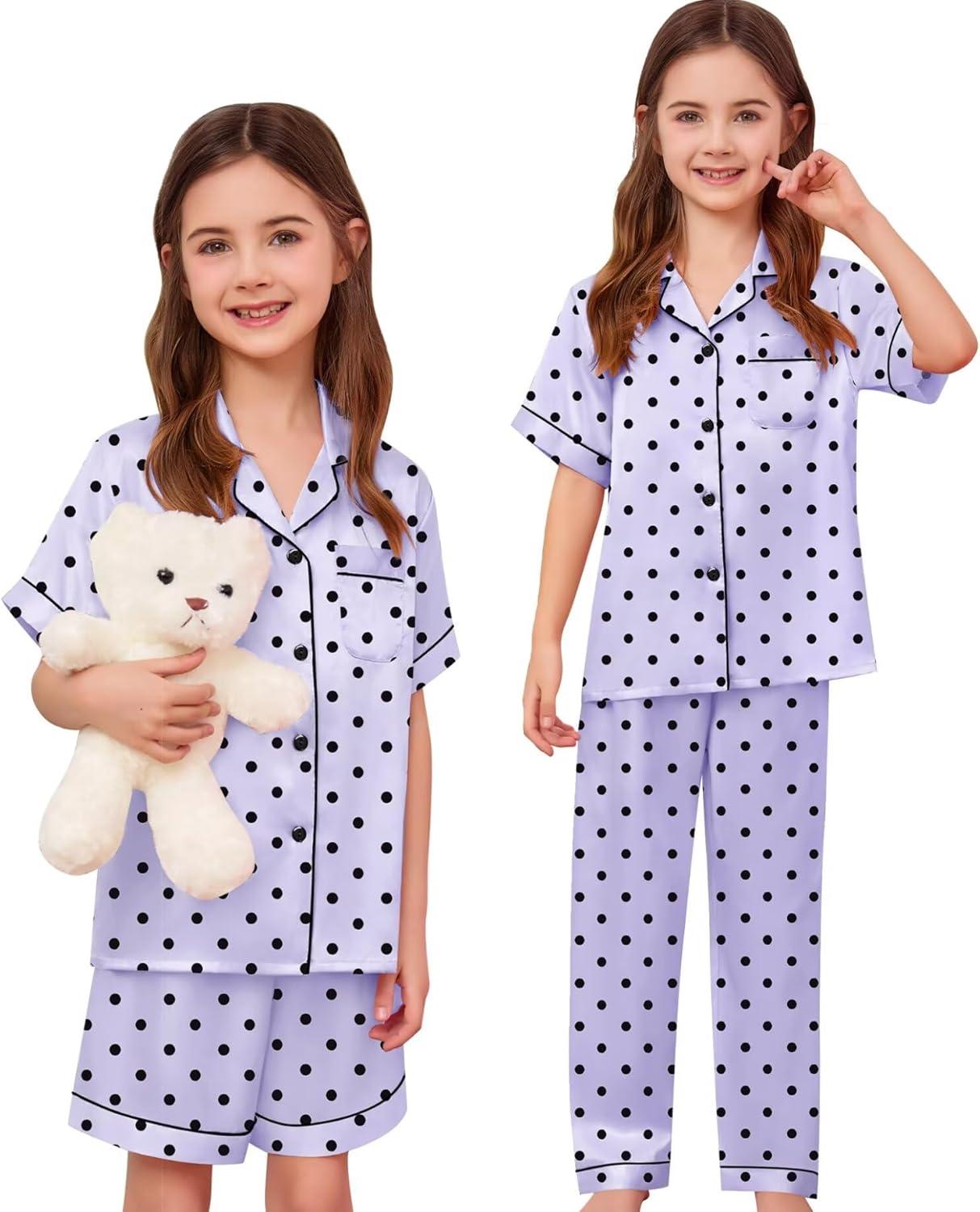 imageSWOMOG Kids Silk Pajamas 3 Piece Girls Boys Satin Pajamas Set ButtonDown PJs Set Soft Loungewear Short Sleeve SleepwearLavender Dots