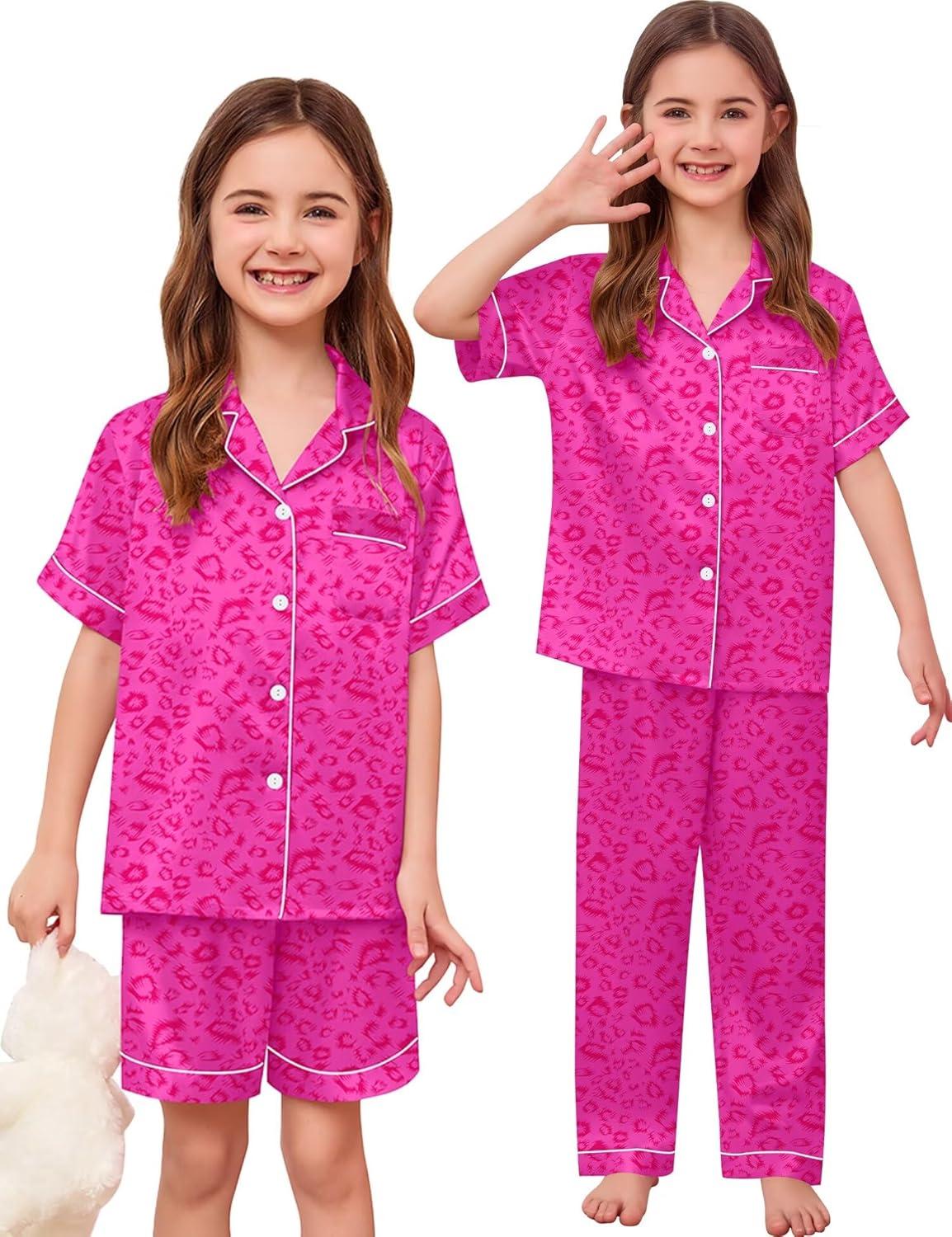 imageSWOMOG Kids Silk Pajamas 3 Piece Girls Boys Satin Pajamas Set ButtonDown PJs Set Soft Loungewear Short Sleeve SleepwearLeopard Pink