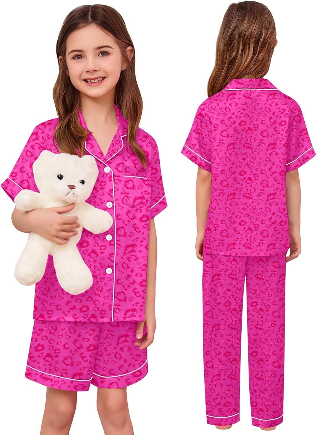 imageSWOMOG Kids Silk Pajamas 3 Piece Girls Boys Satin Pajamas Set ButtonDown PJs Set Soft Loungewear Short Sleeve SleepwearLeopard Pink