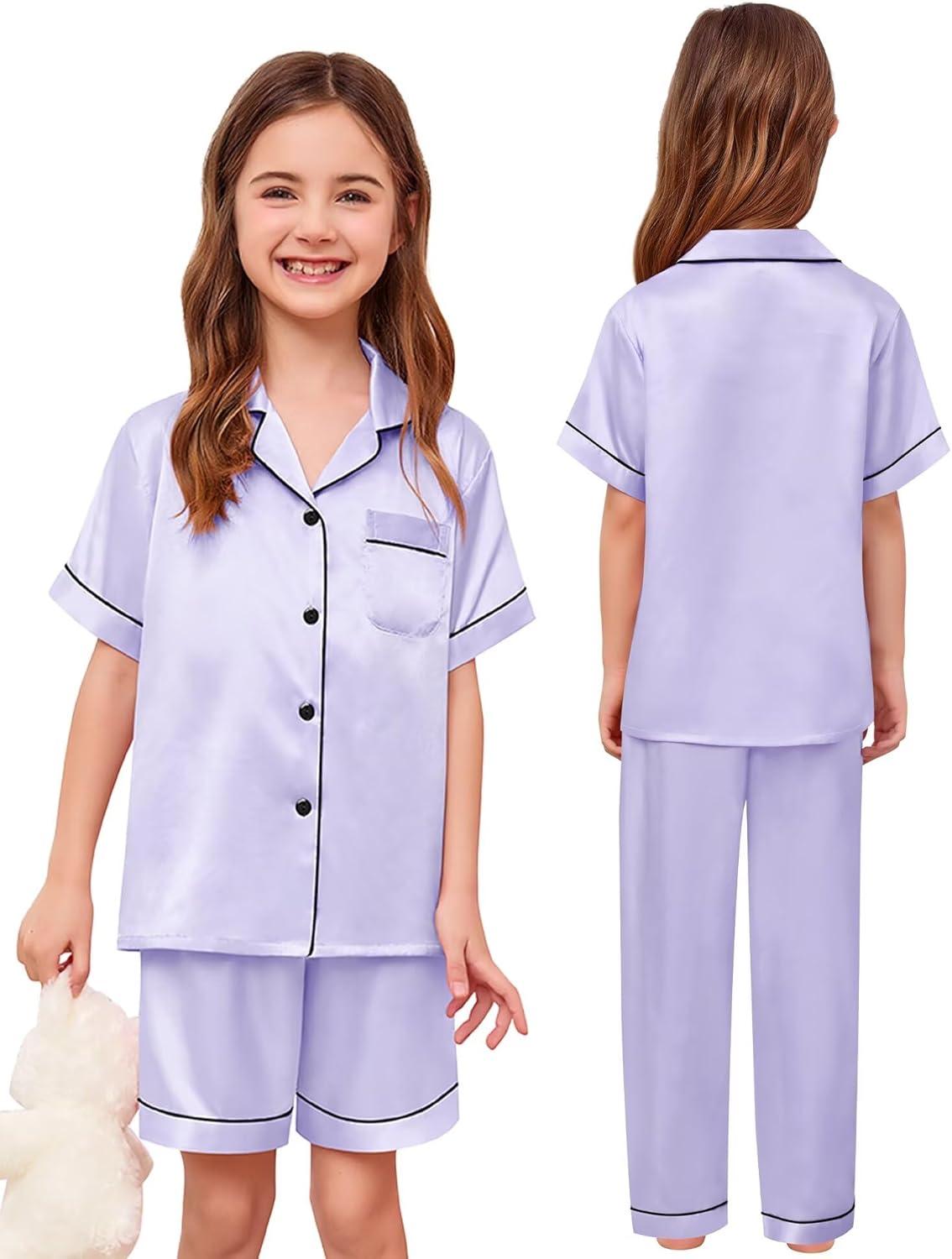imageSWOMOG Kids Silk Pajamas 3 Piece Girls Boys Satin Pajamas Set ButtonDown PJs Set Soft Loungewear Short Sleeve SleepwearLight Lavender