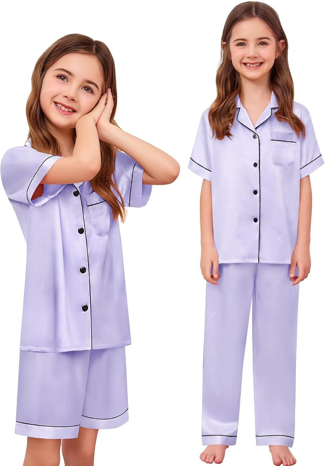 imageSWOMOG Kids Silk Pajamas 3 Piece Girls Boys Satin Pajamas Set ButtonDown PJs Set Soft Loungewear Short Sleeve SleepwearLight Lavender