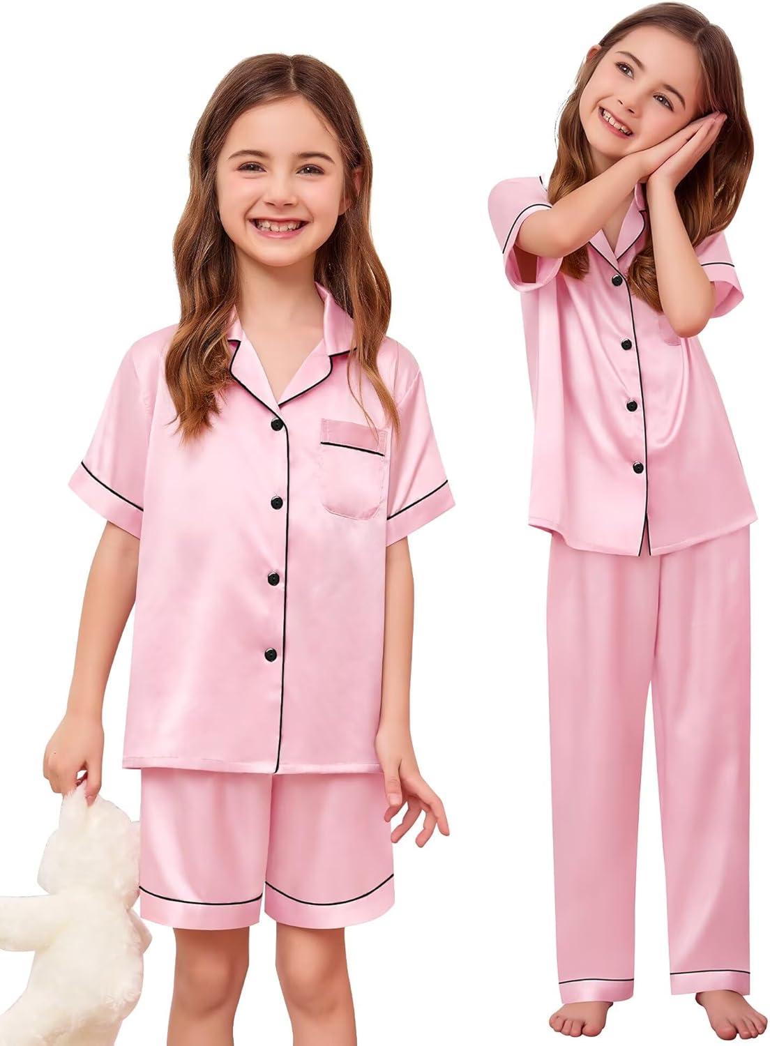 imageSWOMOG Kids Silk Pajamas 3 Piece Girls Boys Satin Pajamas Set ButtonDown PJs Set Soft Loungewear Short Sleeve SleepwearLight Pink