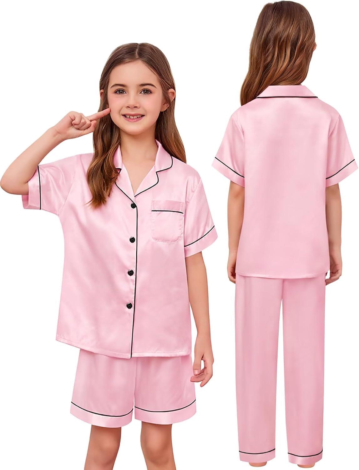 imageSWOMOG Kids Silk Pajamas 3 Piece Girls Boys Satin Pajamas Set ButtonDown PJs Set Soft Loungewear Short Sleeve SleepwearLight Pink