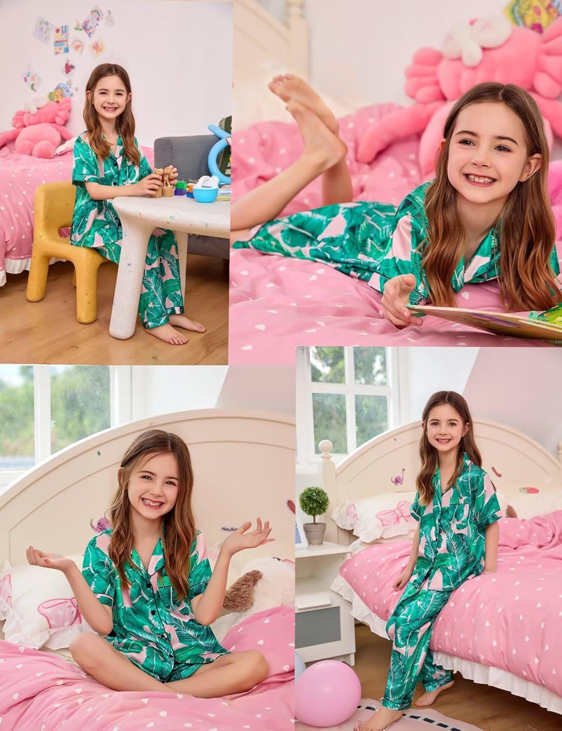 imageSWOMOG Kids Silk Pajamas 3 Piece Girls Boys Satin Pajamas Set ButtonDown PJs Set Soft Loungewear Short Sleeve SleepwearLight Pink Leaves