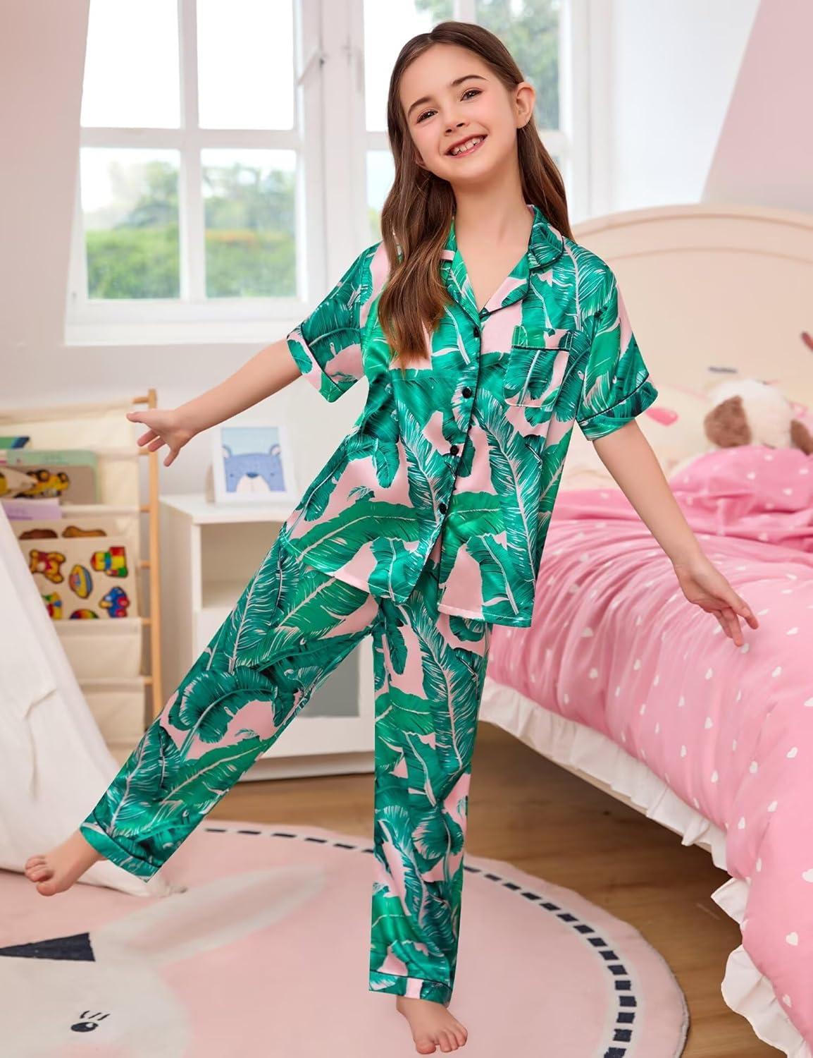 imageSWOMOG Kids Silk Pajamas 3 Piece Girls Boys Satin Pajamas Set ButtonDown PJs Set Soft Loungewear Short Sleeve SleepwearLight Pink Leaves