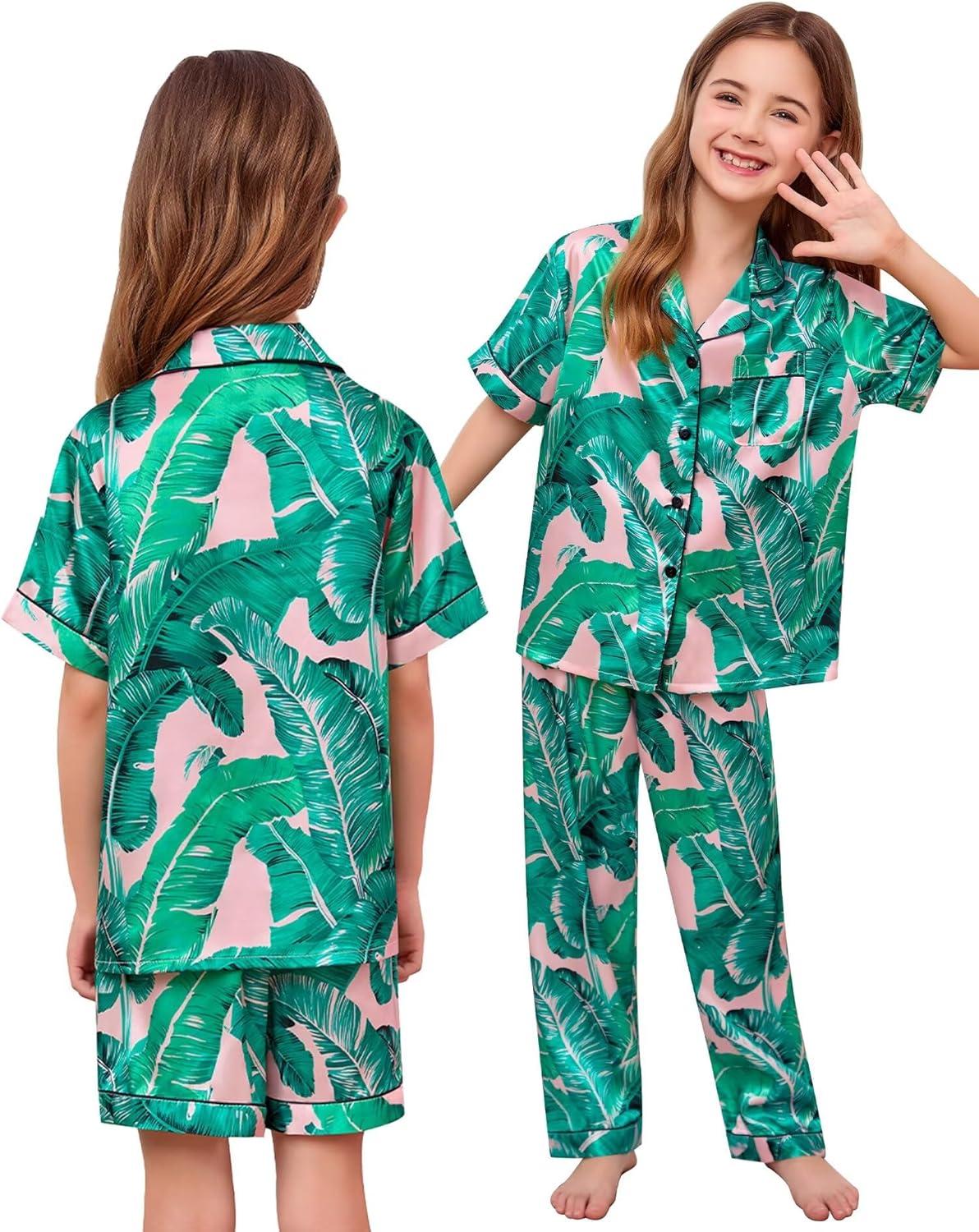 imageSWOMOG Kids Silk Pajamas 3 Piece Girls Boys Satin Pajamas Set ButtonDown PJs Set Soft Loungewear Short Sleeve SleepwearLight Pink Leaves