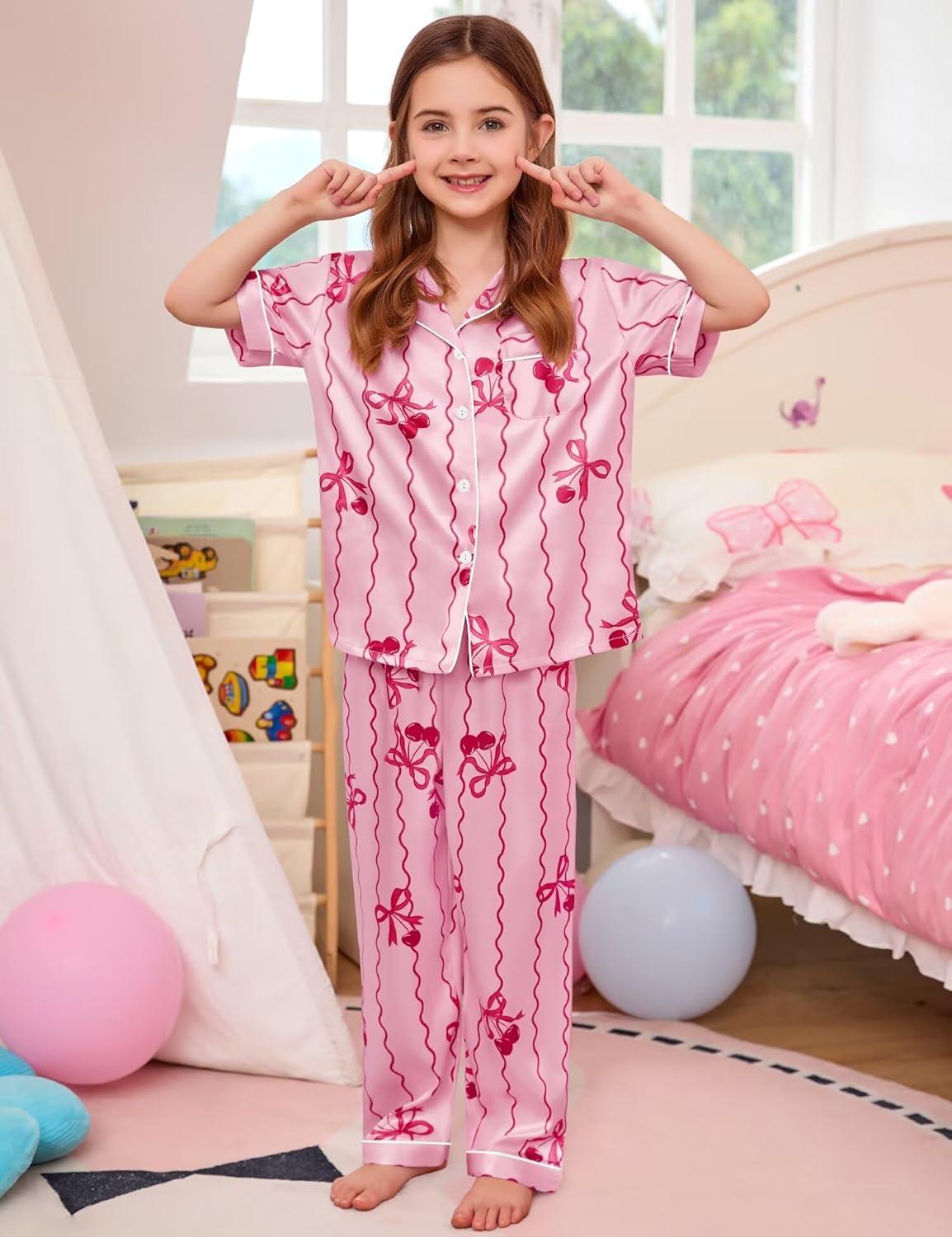 imageSWOMOG Kids Silk Pajamas 3 Piece Girls Boys Satin Pajamas Set ButtonDown PJs Set Soft Loungewear Short Sleeve SleepwearLight Pink Stripes