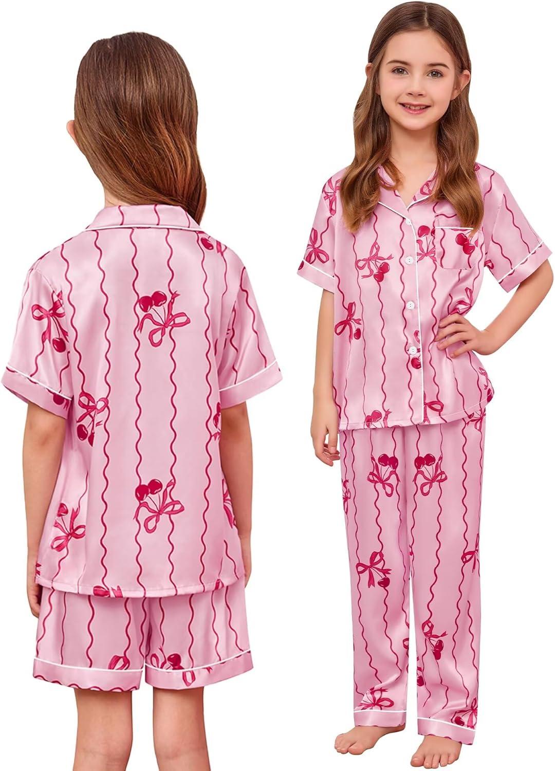 imageSWOMOG Kids Silk Pajamas 3 Piece Girls Boys Satin Pajamas Set ButtonDown PJs Set Soft Loungewear Short Sleeve SleepwearLight Pink Stripes