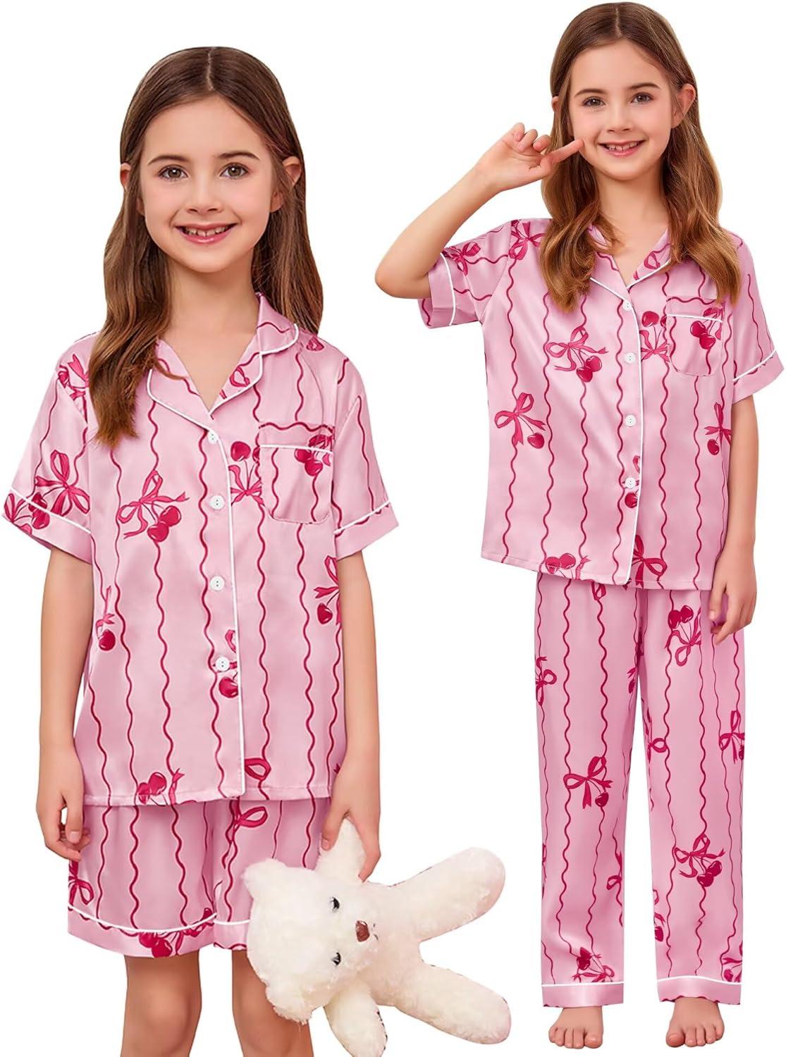 imageSWOMOG Kids Silk Pajamas 3 Piece Girls Boys Satin Pajamas Set ButtonDown PJs Set Soft Loungewear Short Sleeve SleepwearLight Pink Stripes