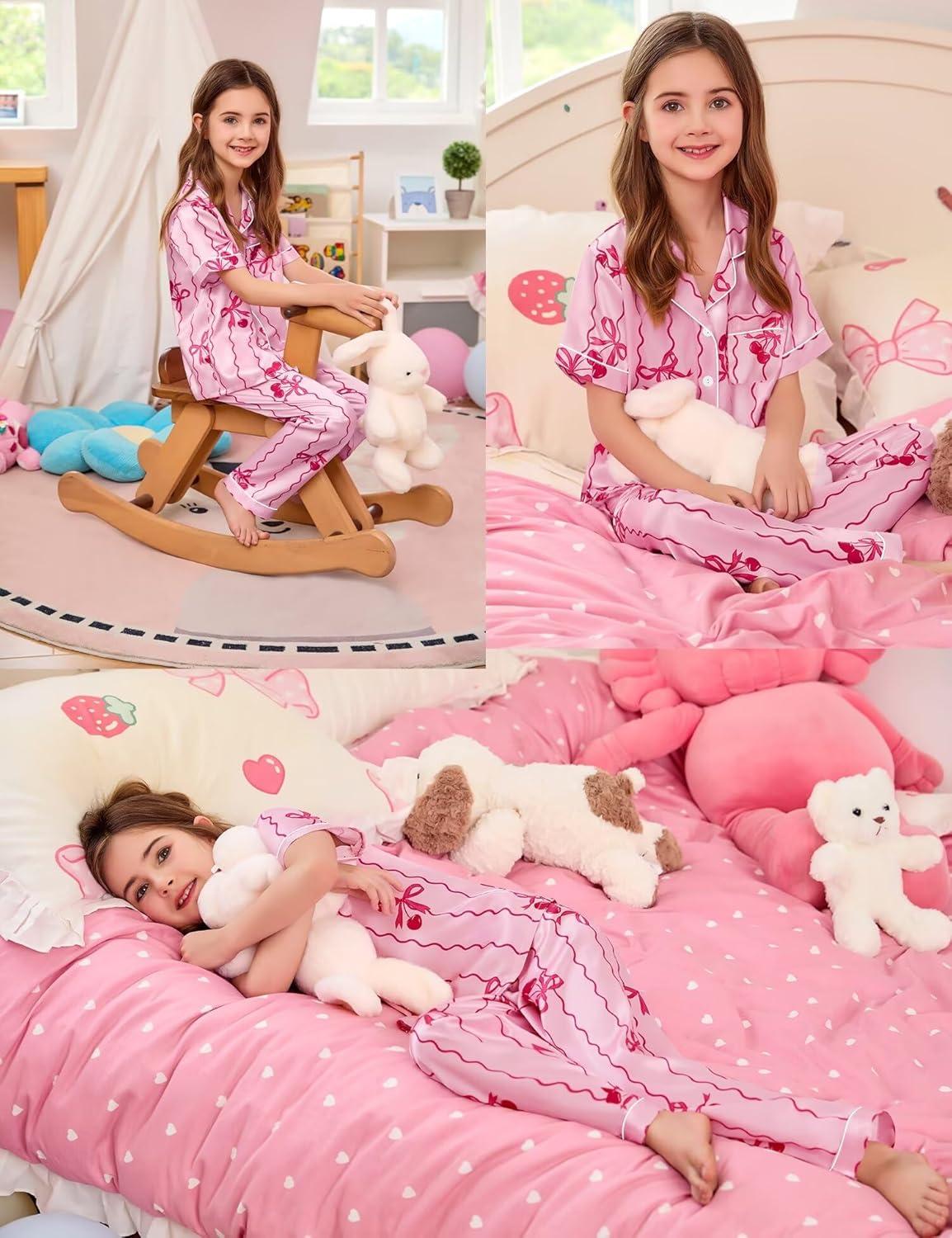 imageSWOMOG Kids Silk Pajamas 3 Piece Girls Boys Satin Pajamas Set ButtonDown PJs Set Soft Loungewear Short Sleeve SleepwearLight Pink Stripes
