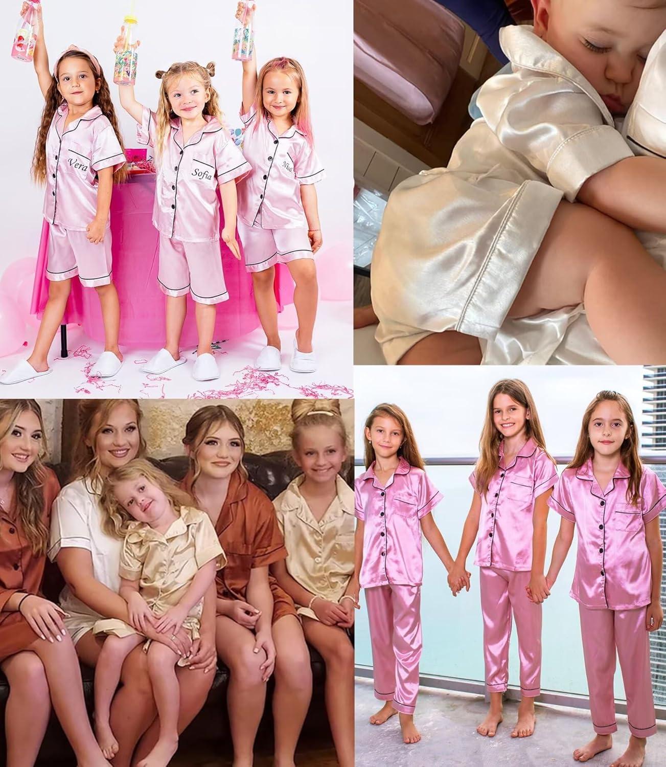 imageSWOMOG Kids Silk Pajamas 3 Piece Girls Boys Satin Pajamas Set ButtonDown PJs Set Soft Loungewear Short Sleeve SleepwearMisty Rose
