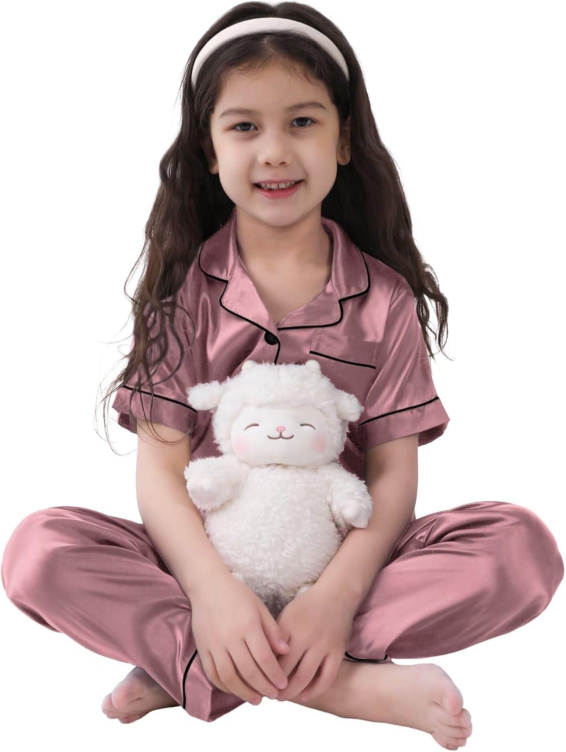 imageSWOMOG Kids Silk Pajamas 3 Piece Girls Boys Satin Pajamas Set ButtonDown PJs Set Soft Loungewear Short Sleeve SleepwearMisty Rose