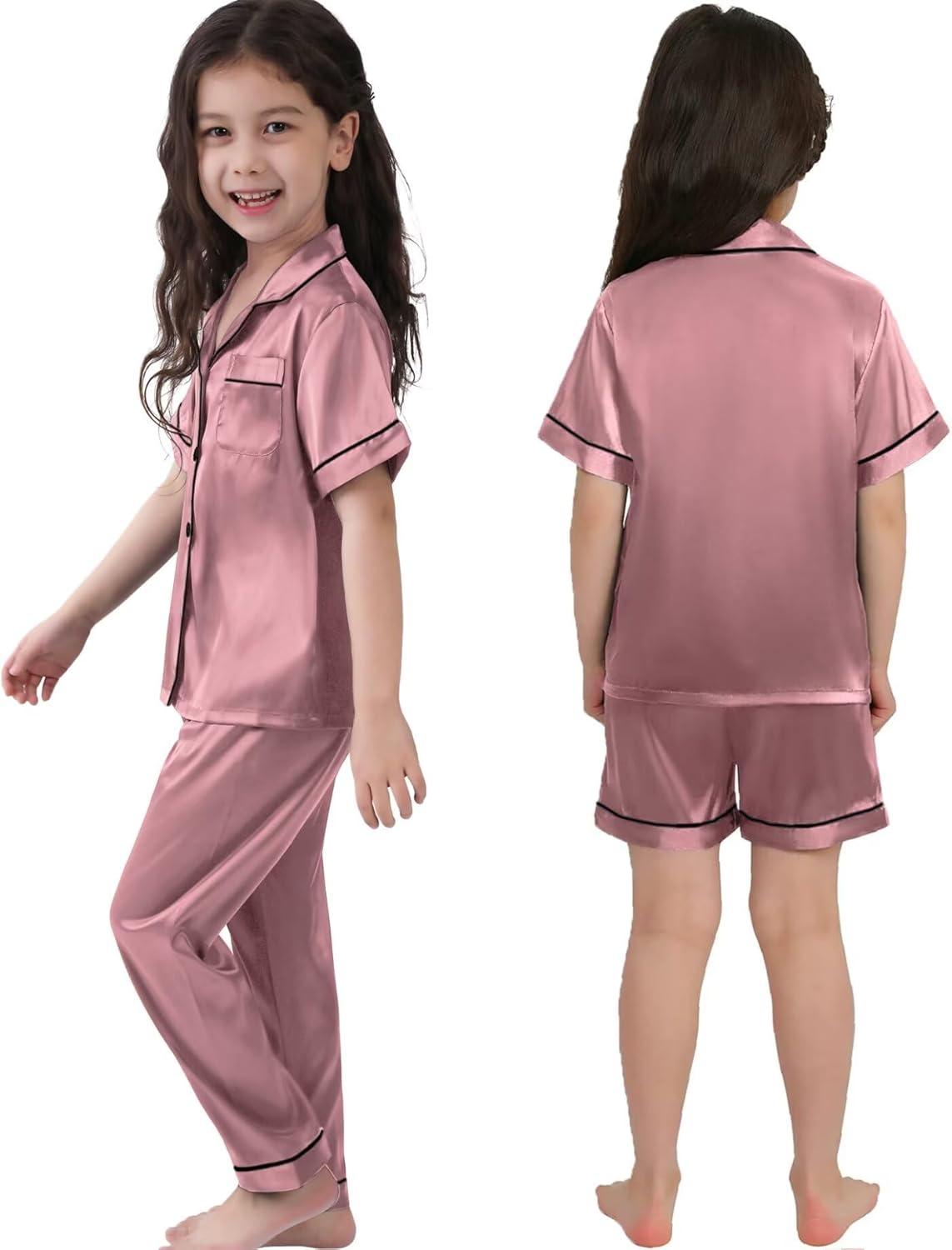 imageSWOMOG Kids Silk Pajamas 3 Piece Girls Boys Satin Pajamas Set ButtonDown PJs Set Soft Loungewear Short Sleeve SleepwearMisty Rose