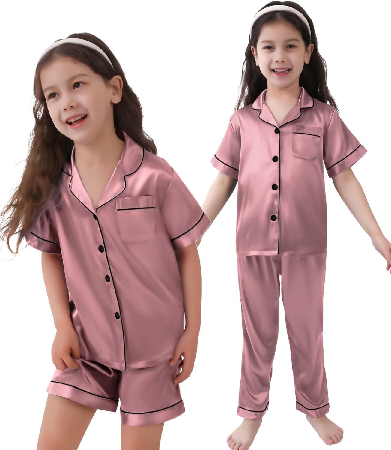 imageSWOMOG Kids Silk Pajamas 3 Piece Girls Boys Satin Pajamas Set ButtonDown PJs Set Soft Loungewear Short Sleeve SleepwearMisty Rose