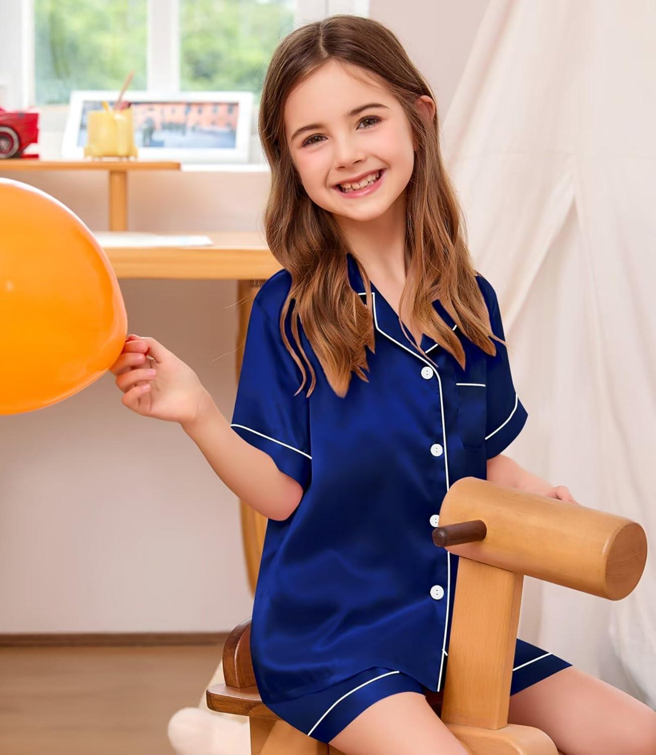 imageSWOMOG Kids Silk Pajamas 3 Piece Girls Boys Satin Pajamas Set ButtonDown PJs Set Soft Loungewear Short Sleeve SleepwearNavy Blue