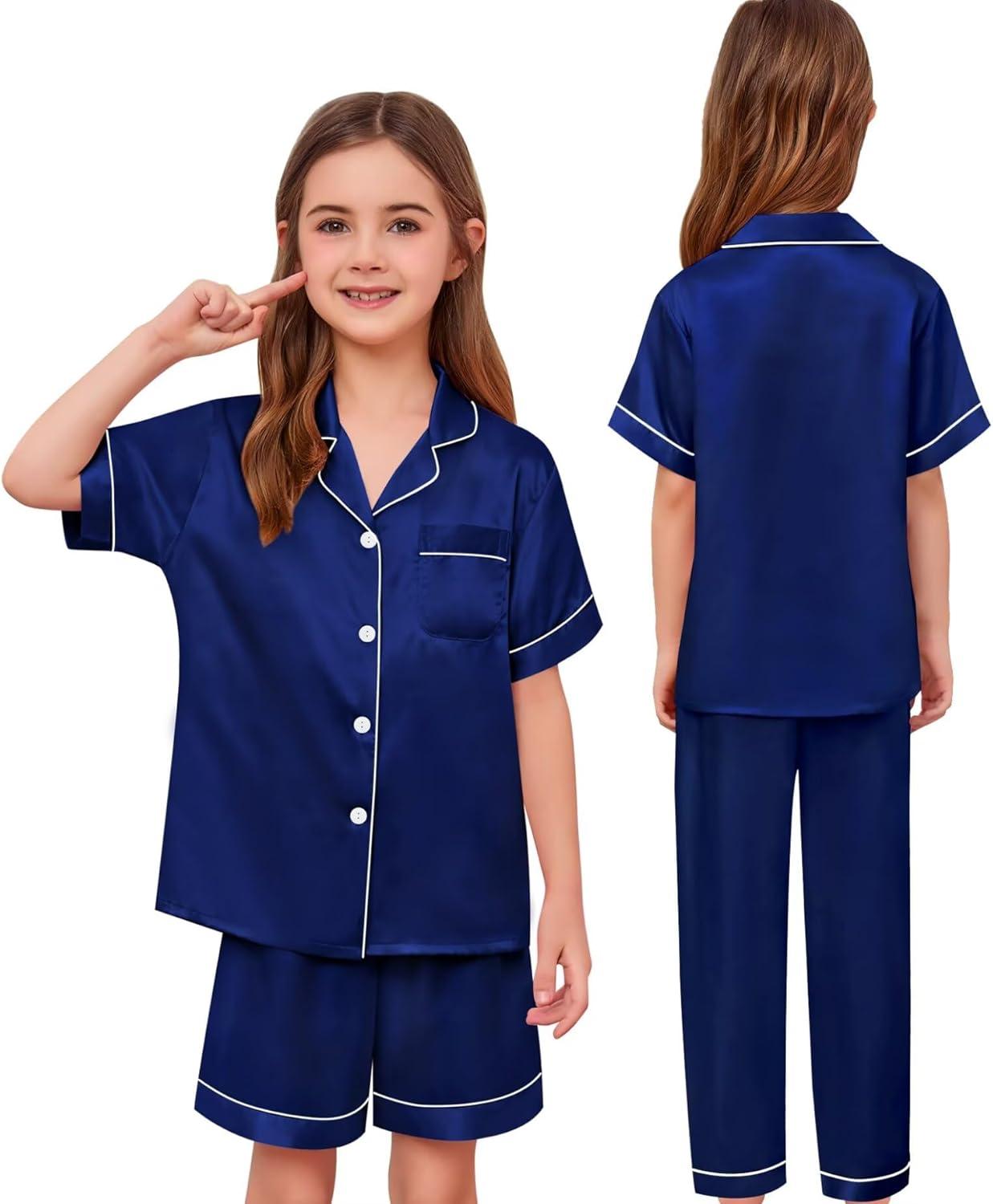 imageSWOMOG Kids Silk Pajamas 3 Piece Girls Boys Satin Pajamas Set ButtonDown PJs Set Soft Loungewear Short Sleeve SleepwearNavy Blue
