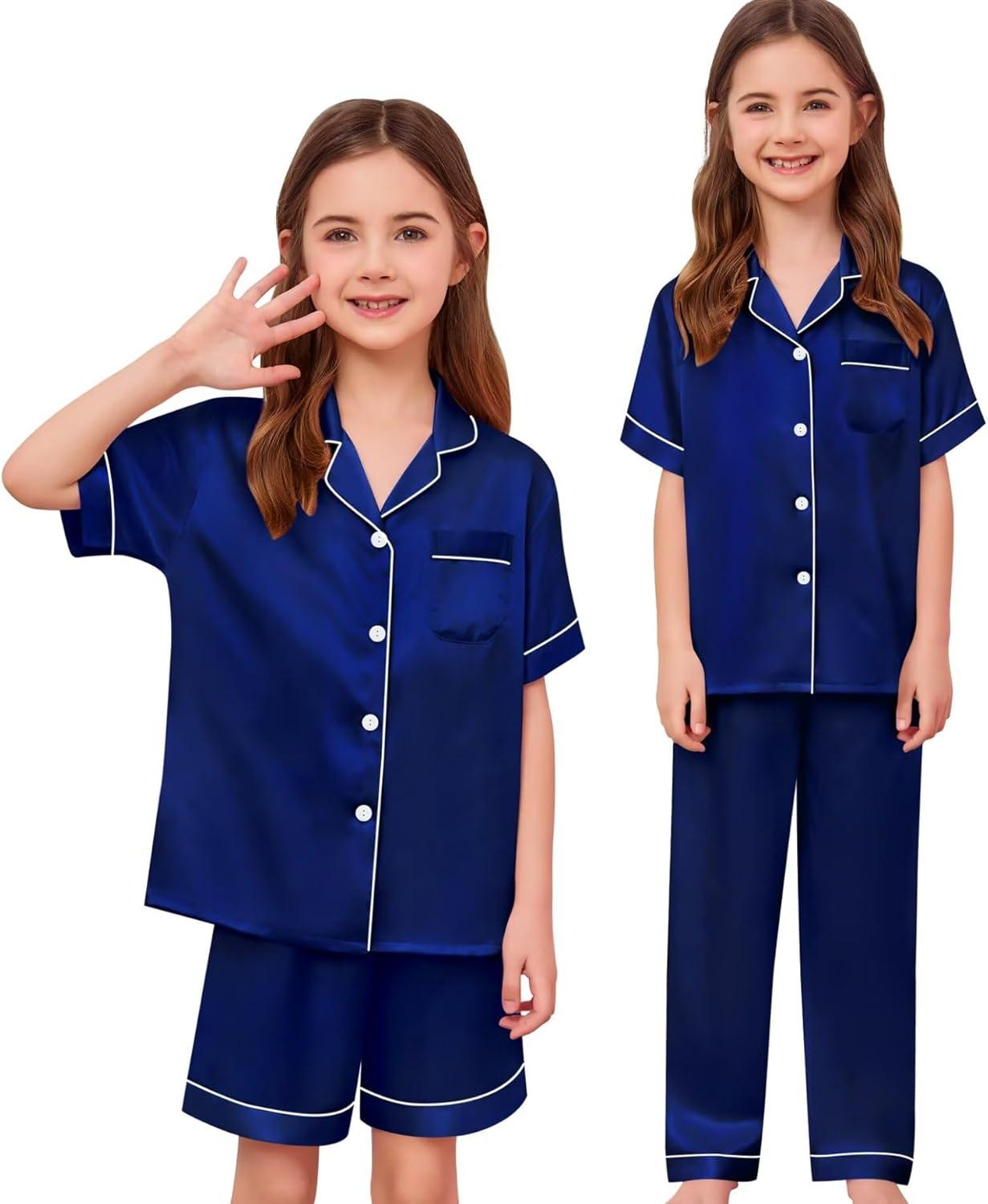 imageSWOMOG Kids Silk Pajamas 3 Piece Girls Boys Satin Pajamas Set ButtonDown PJs Set Soft Loungewear Short Sleeve SleepwearNavy Blue