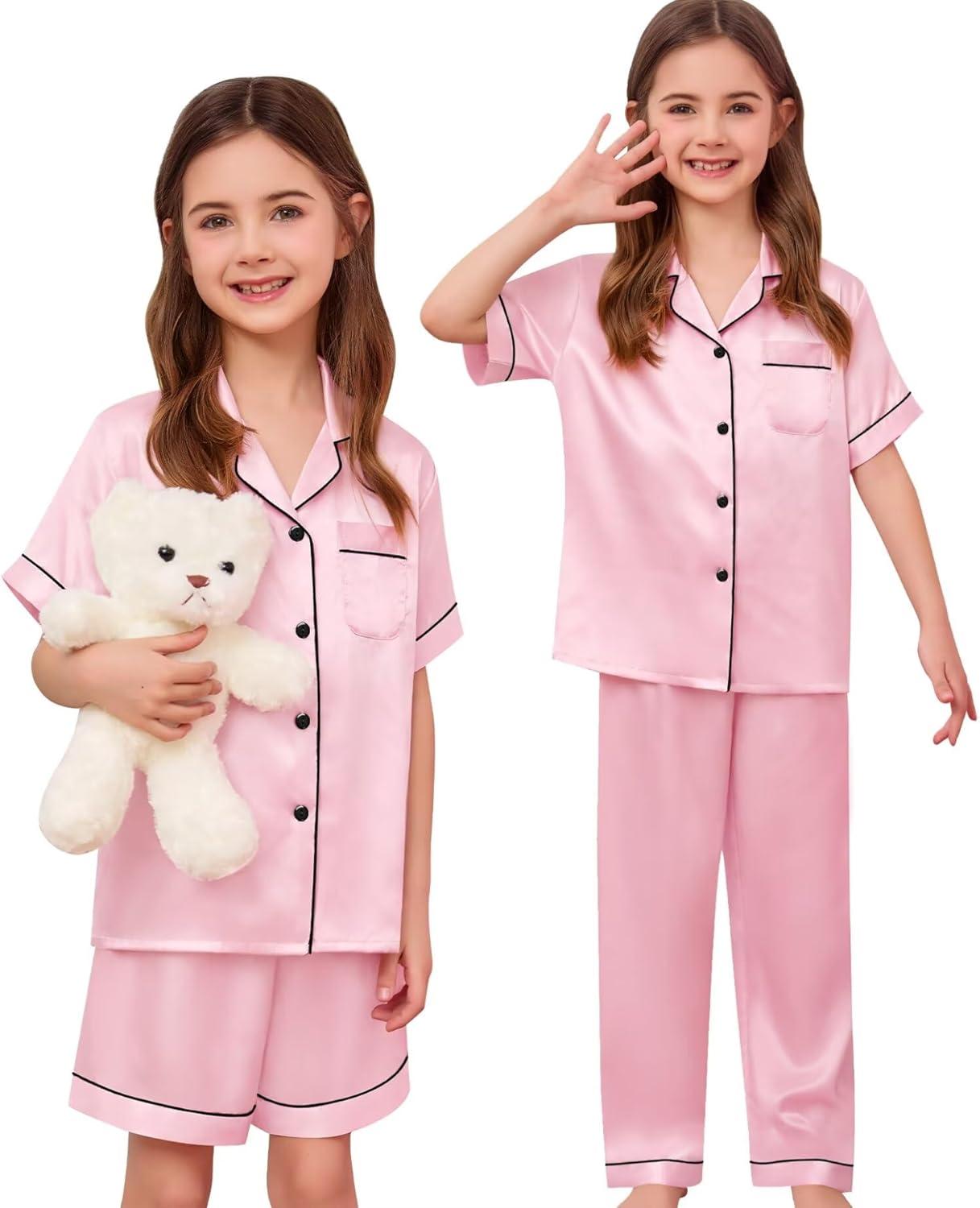 imageSWOMOG Kids Silk Pajamas 3 Piece Girls Boys Satin Pajamas Set ButtonDown PJs Set Soft Loungewear Short Sleeve SleepwearPink