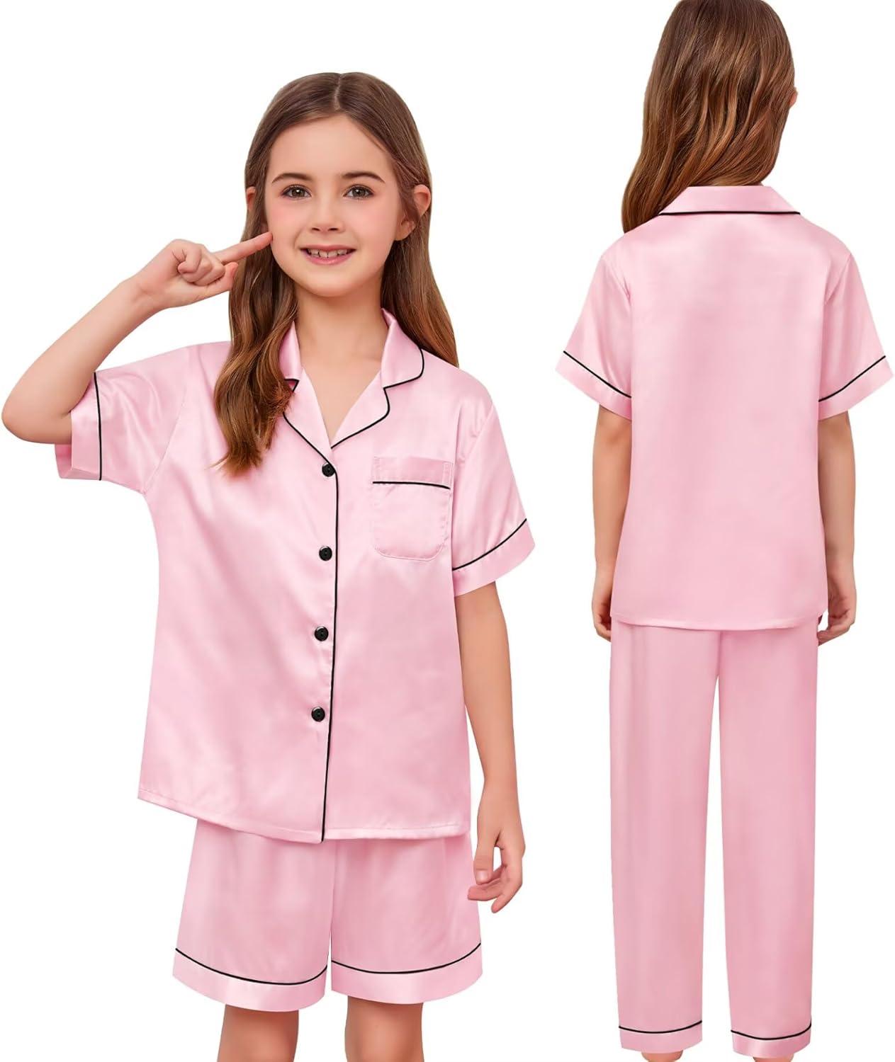 imageSWOMOG Kids Silk Pajamas 3 Piece Girls Boys Satin Pajamas Set ButtonDown PJs Set Soft Loungewear Short Sleeve SleepwearPink